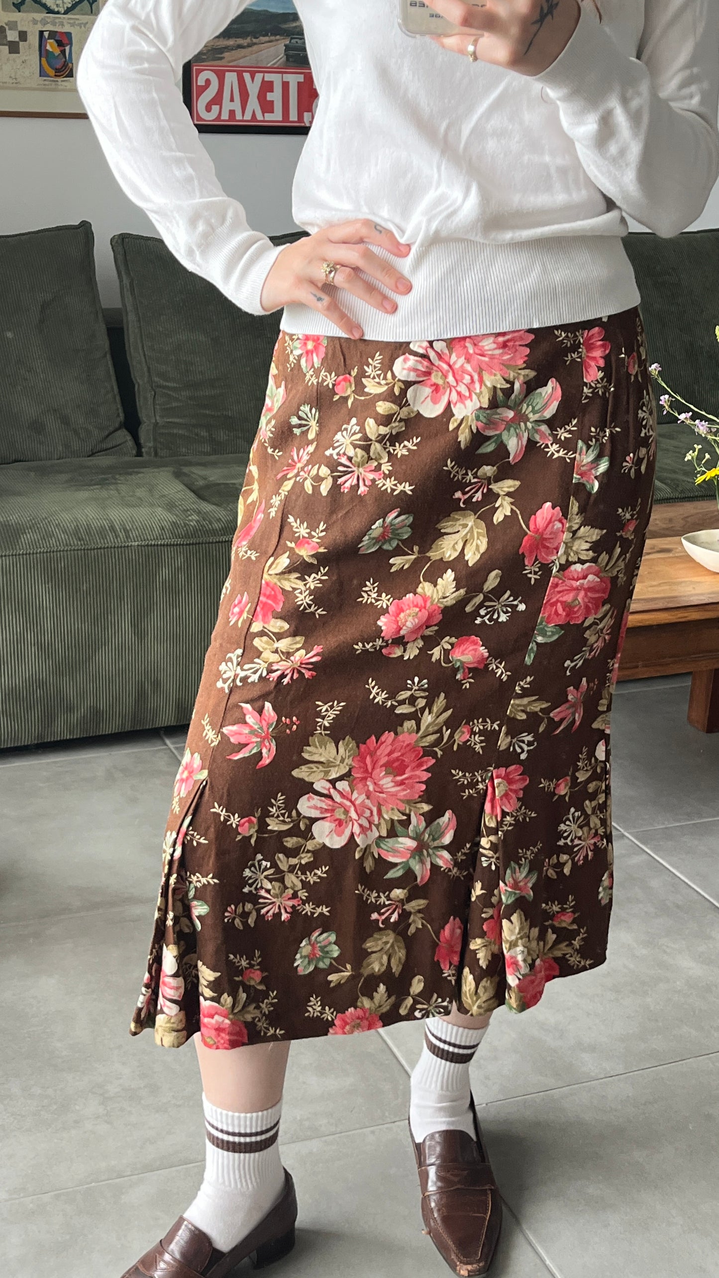 Brown Floral Midi Skirt
