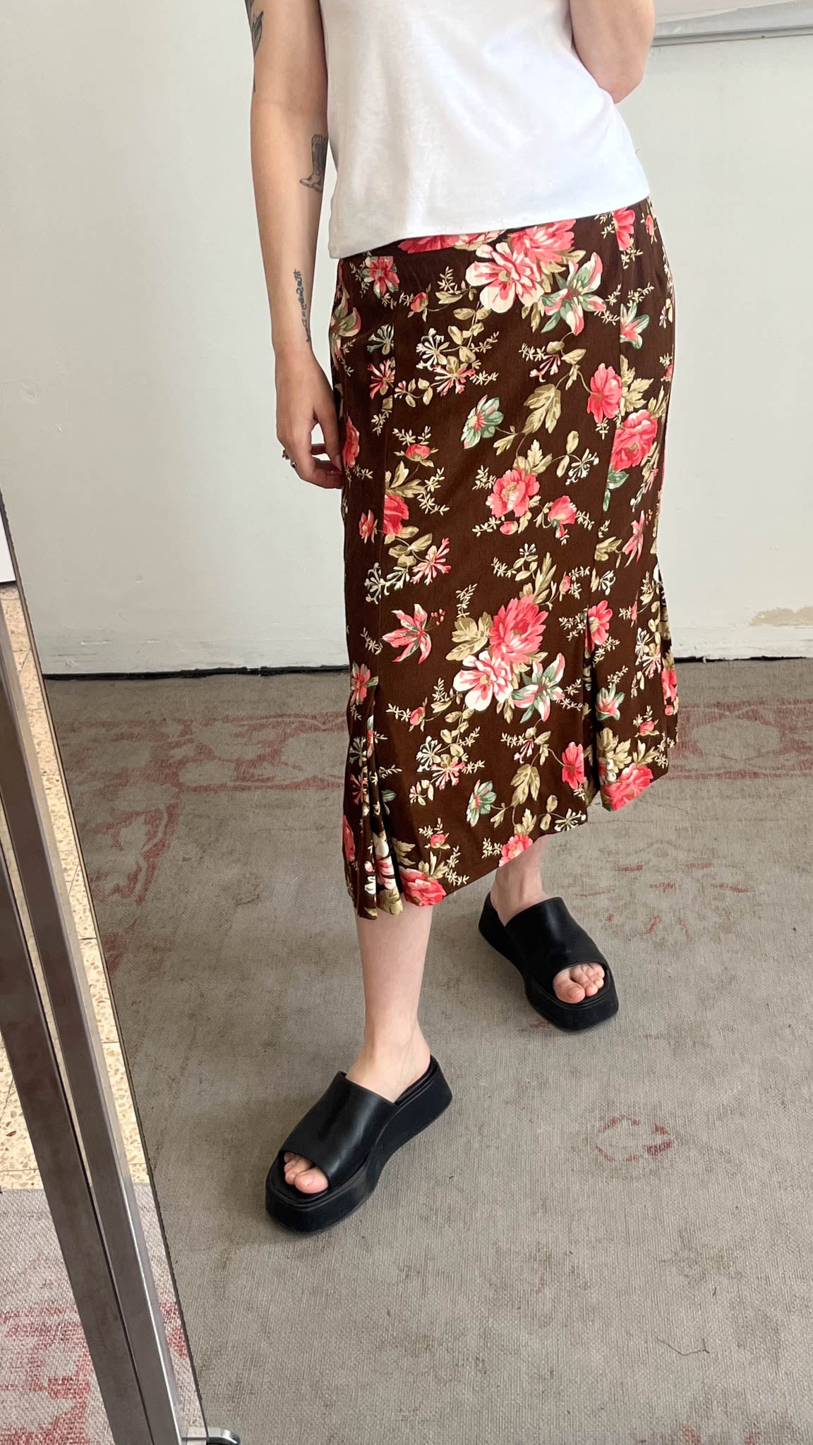 Brown Floral Midi Skirt