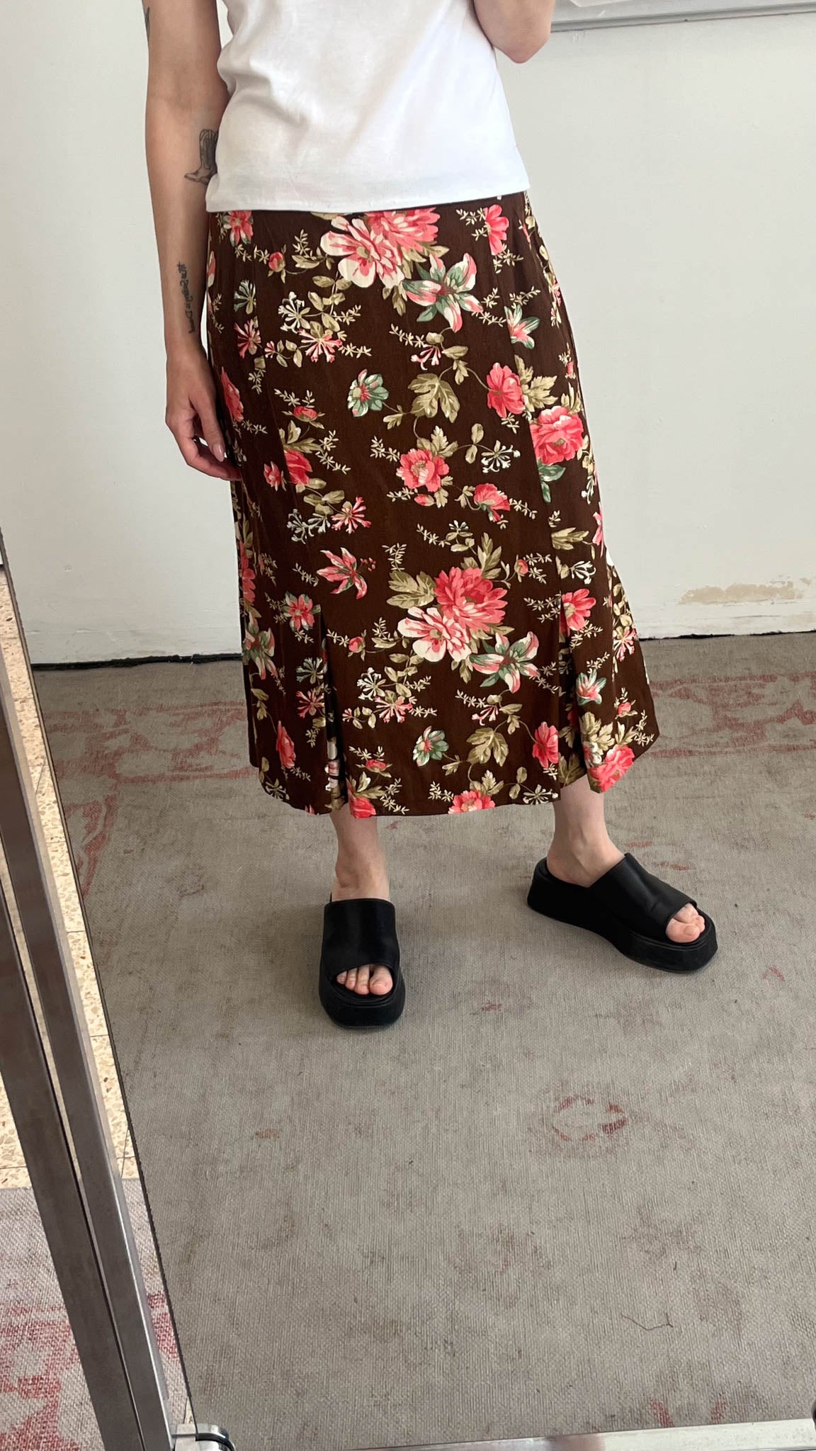 Brown Floral Midi Skirt