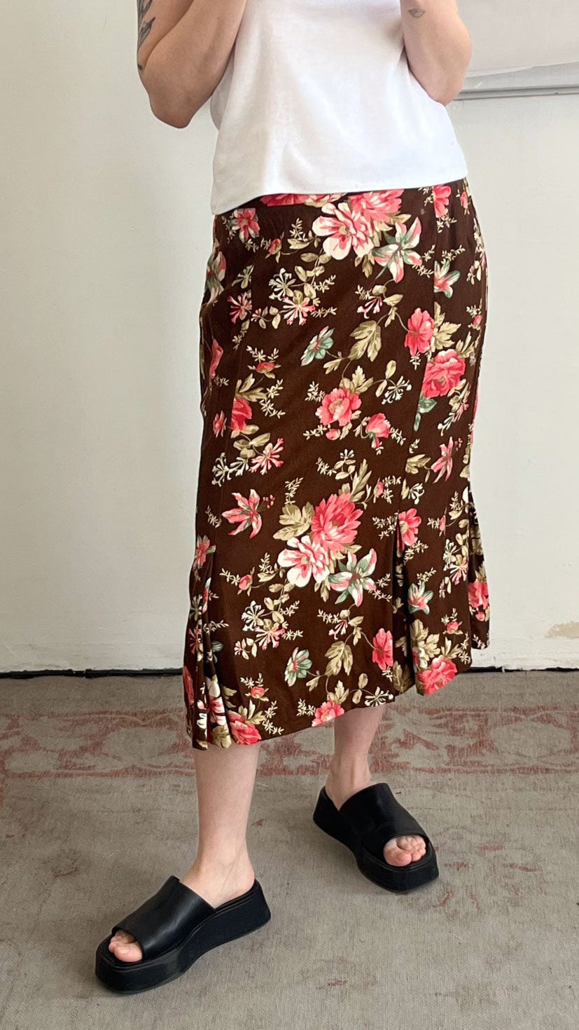 Brown Floral Midi Skirt