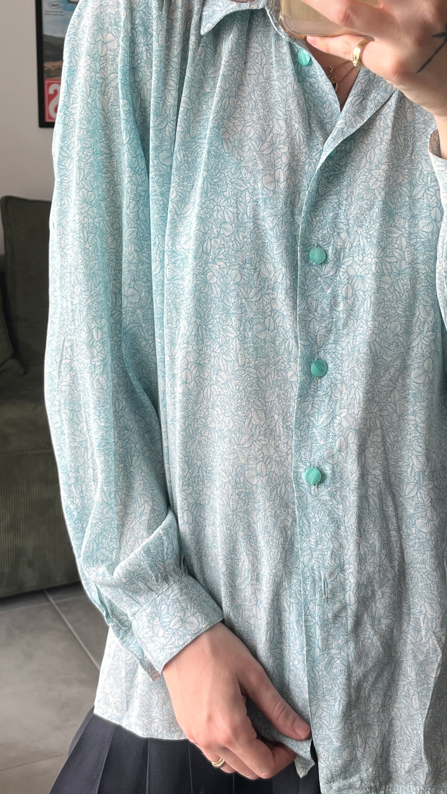 Thin Light Blue Button-Down with Leaf Print