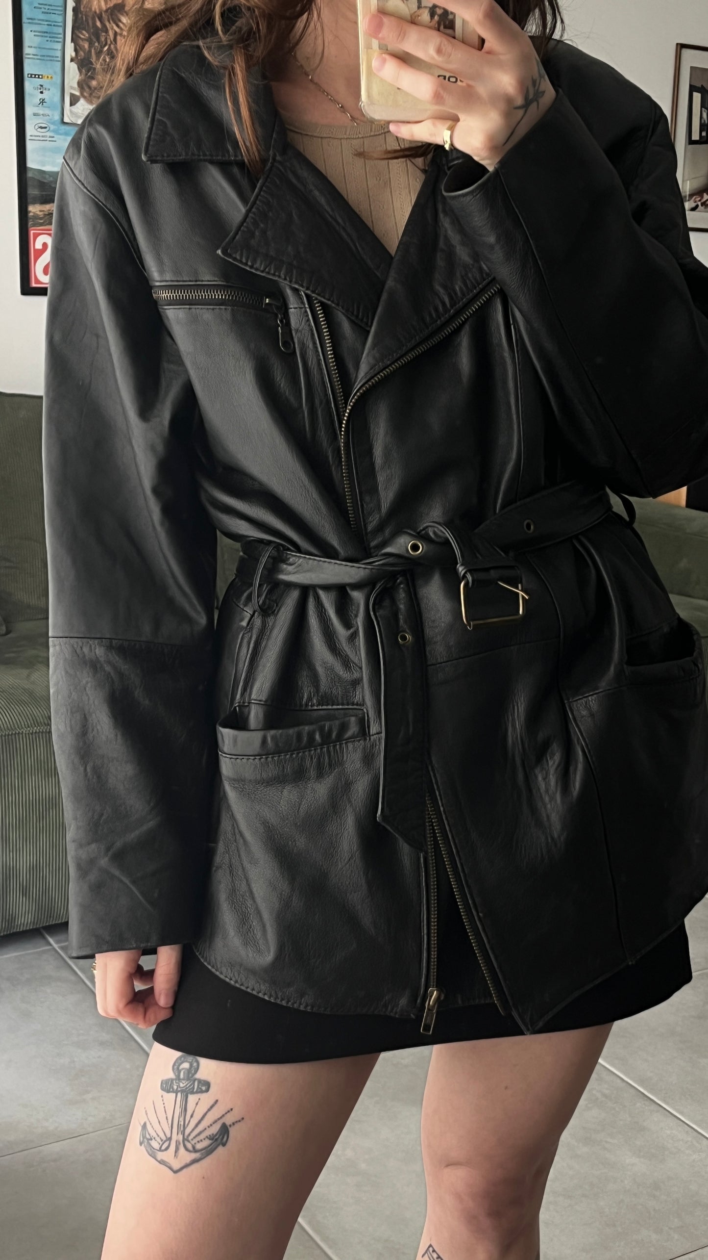 Black Leather Coat with Belt
