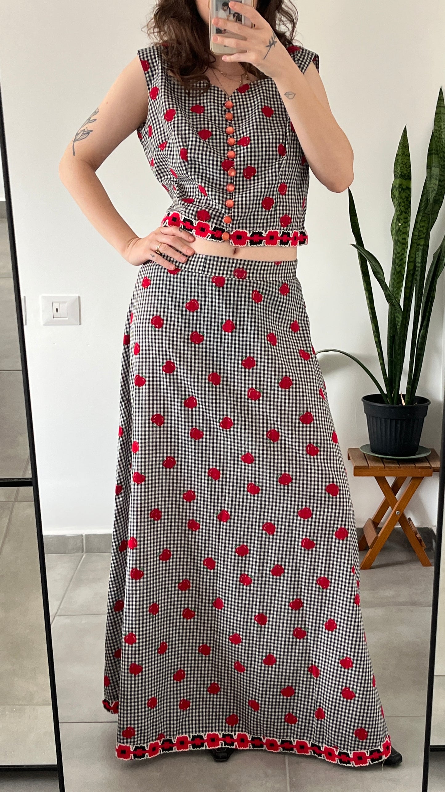 70s Skirt Suit Plaid and Apple Print