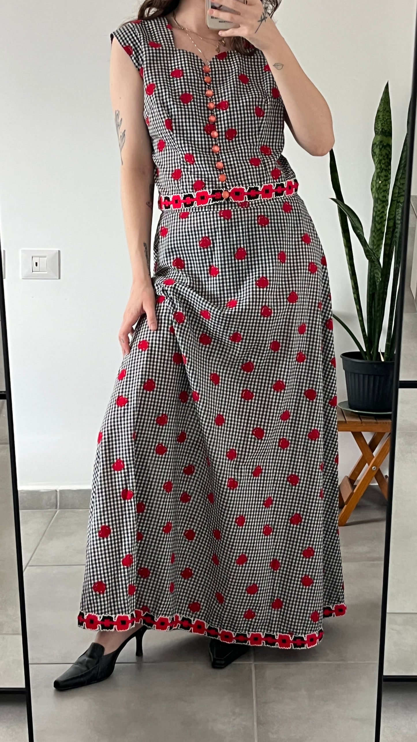 70s Skirt Suit Plaid and Apple Print