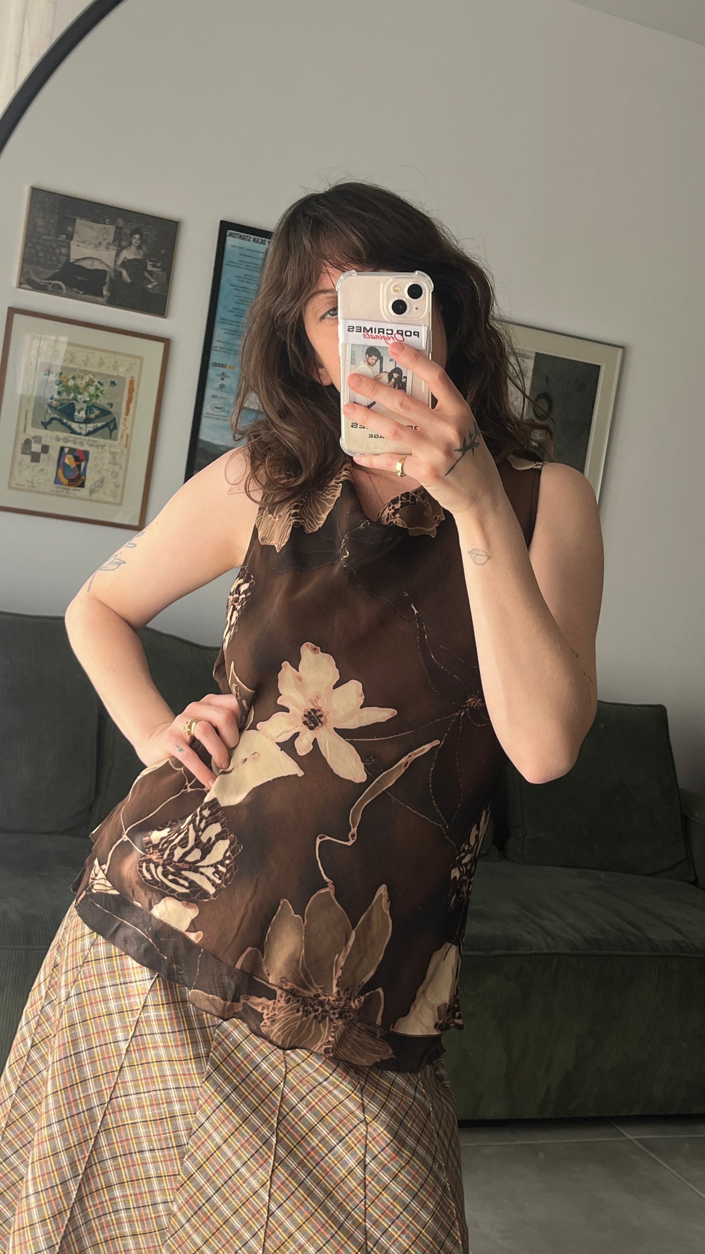 Brown Floral Chiffon Tank Top
