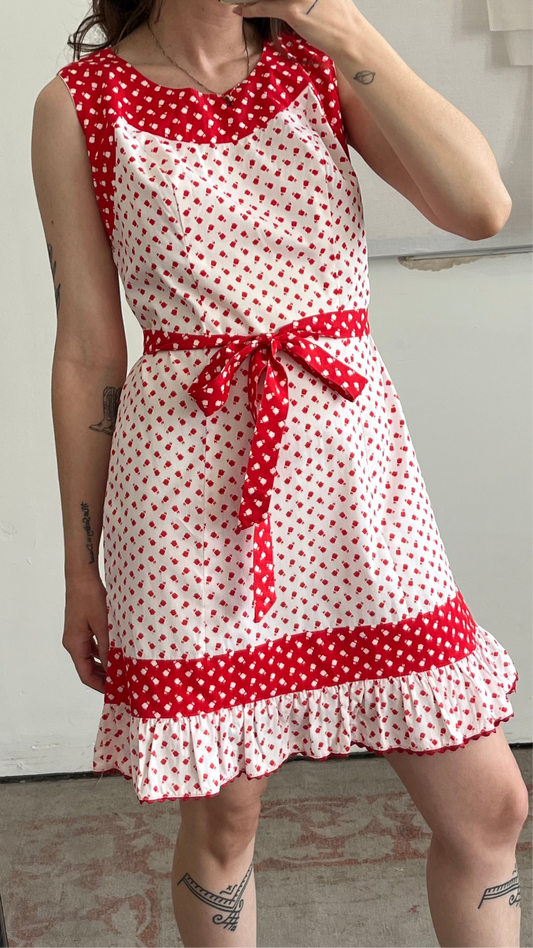 Red and White Floral 1970s Dress
