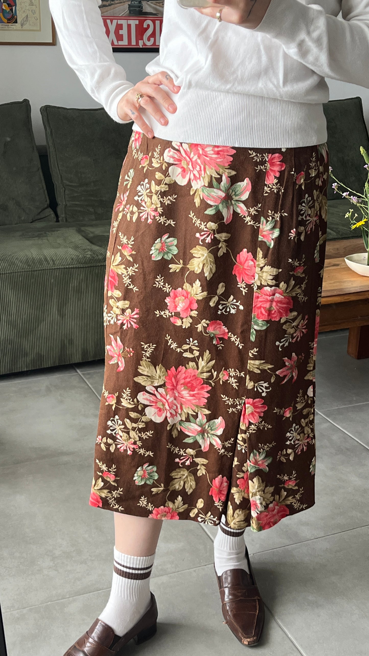 Brown Floral Midi Skirt
