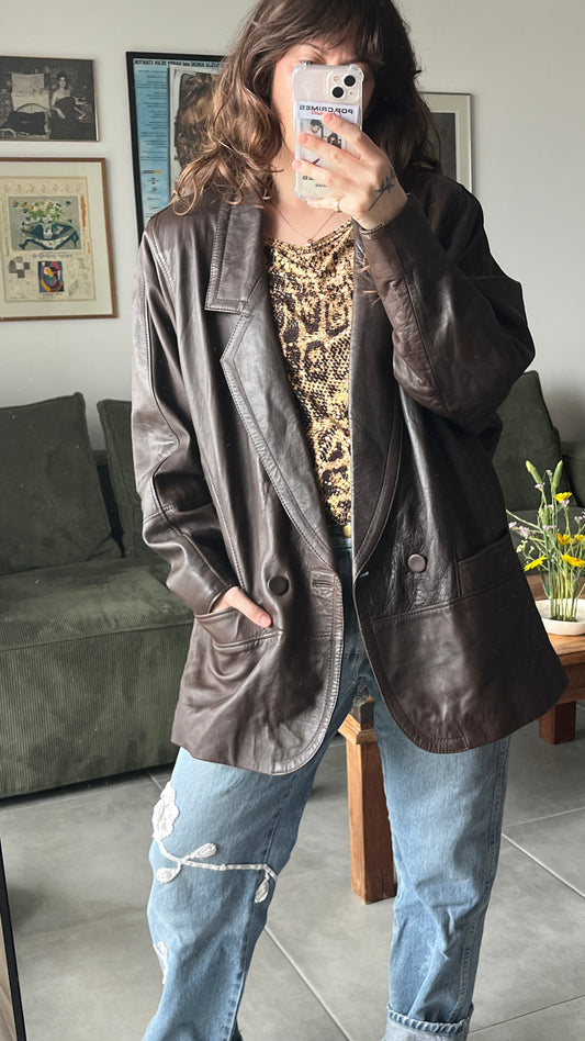 Chocolate Brown Leather Coat 80s