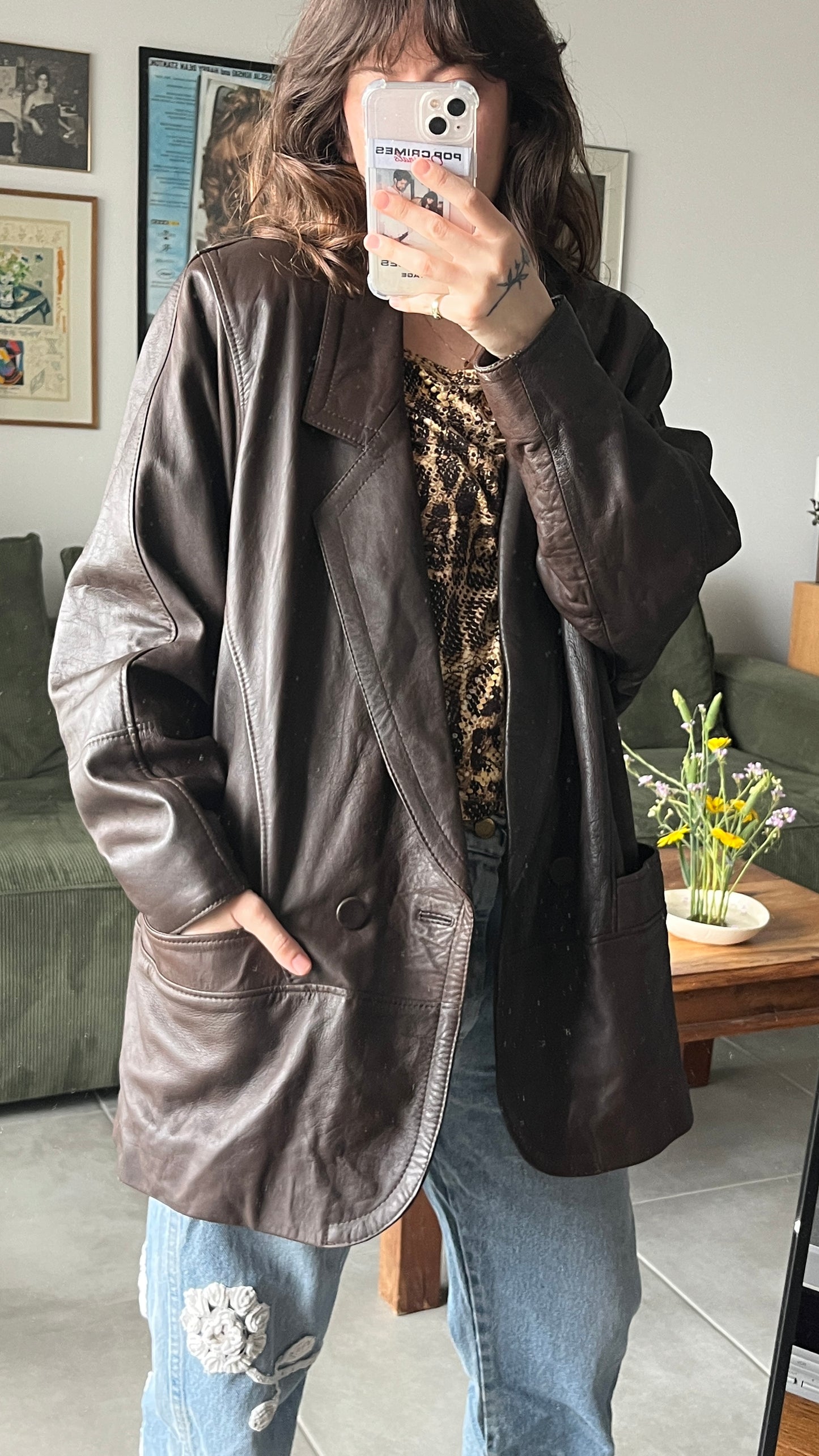 Chocolate Brown Leather Coat 80s