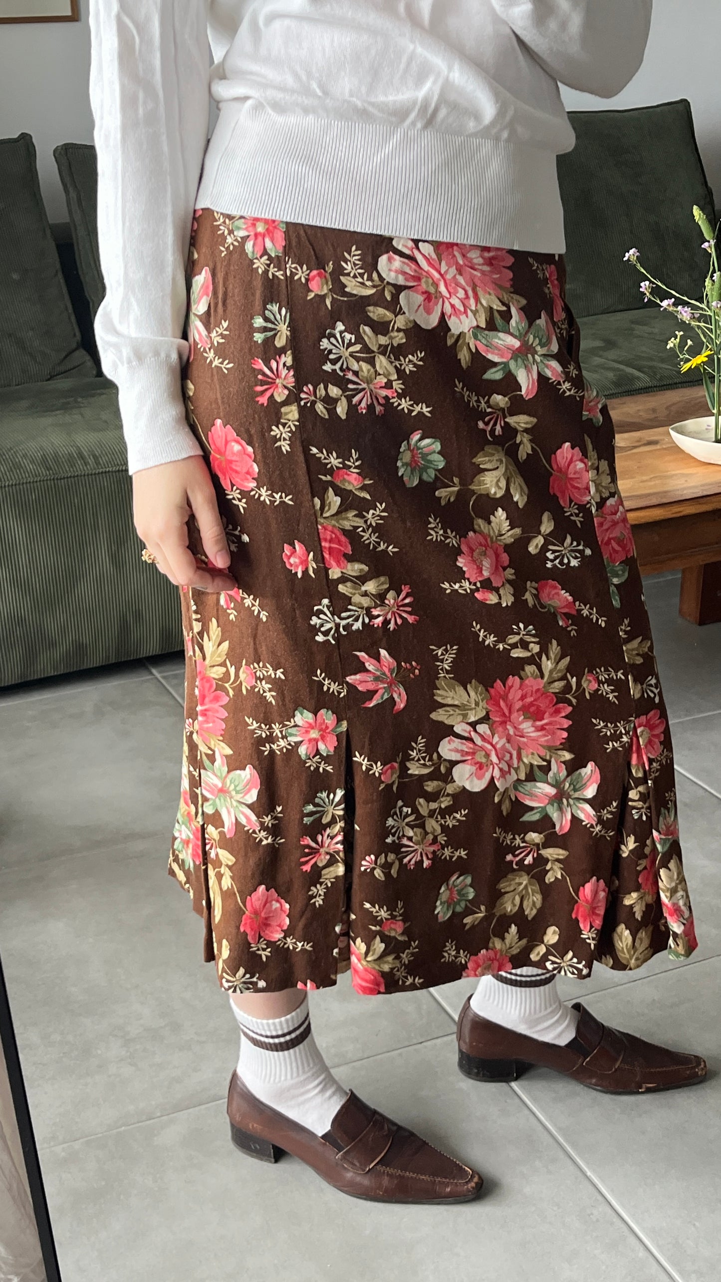 Brown Floral Midi Skirt