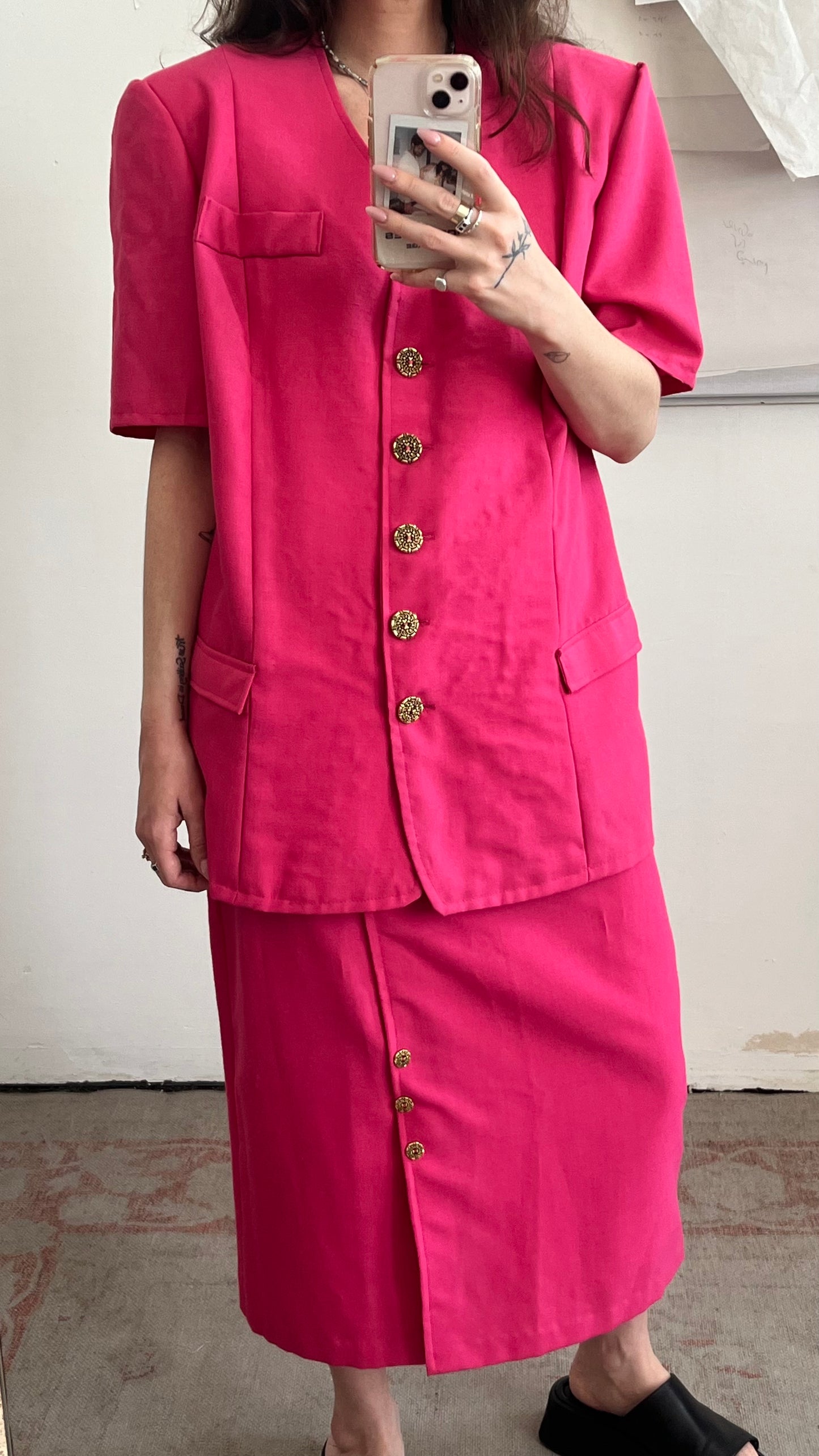 Pink Short Sleeve Jacket and Skirt Set