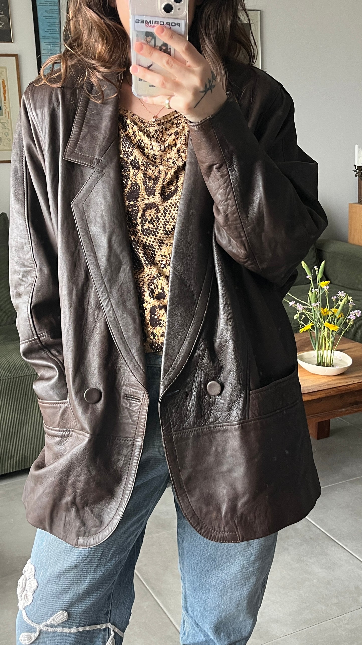 Chocolate Brown Leather Coat 80s