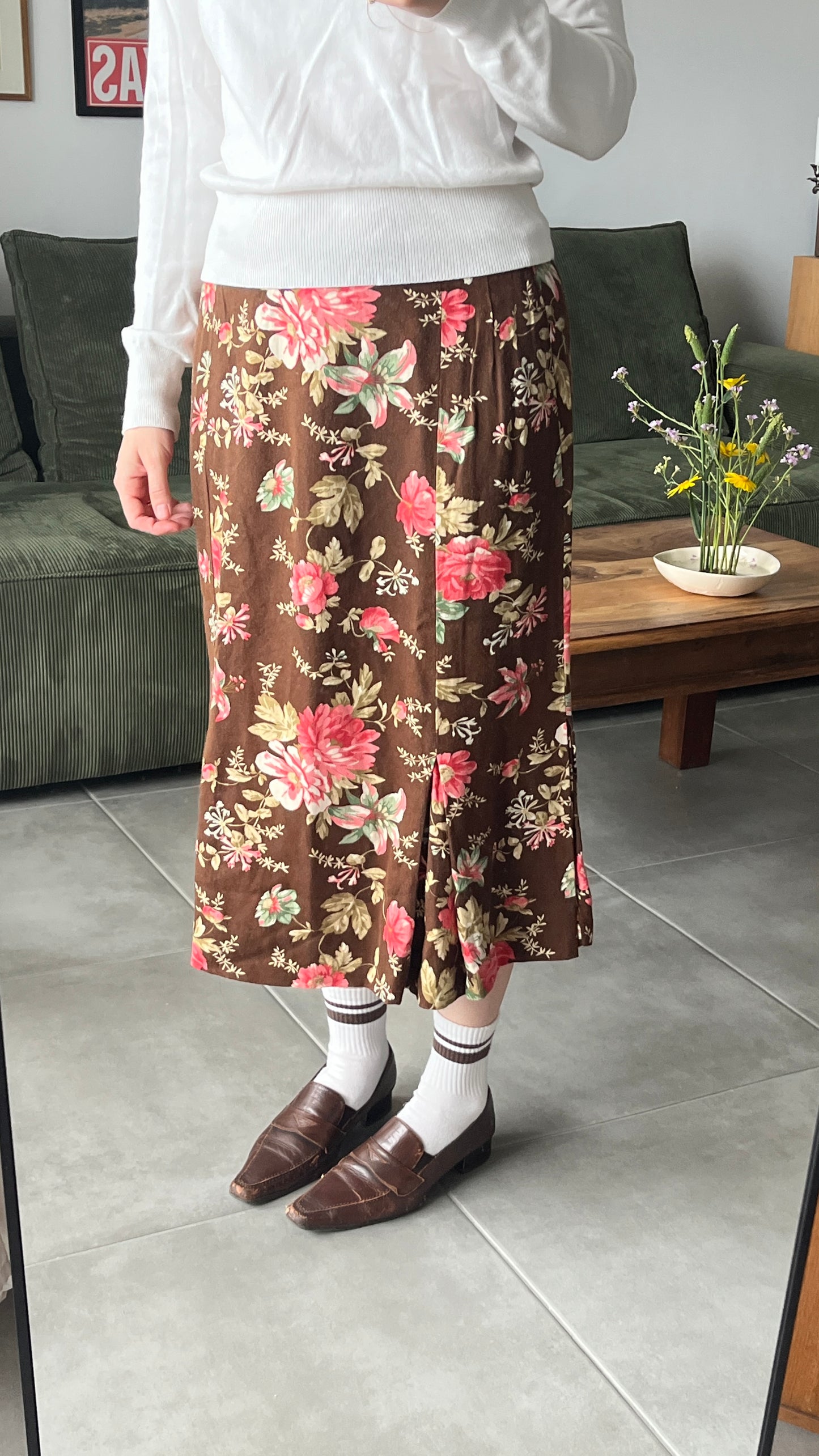 Brown Floral Midi Skirt