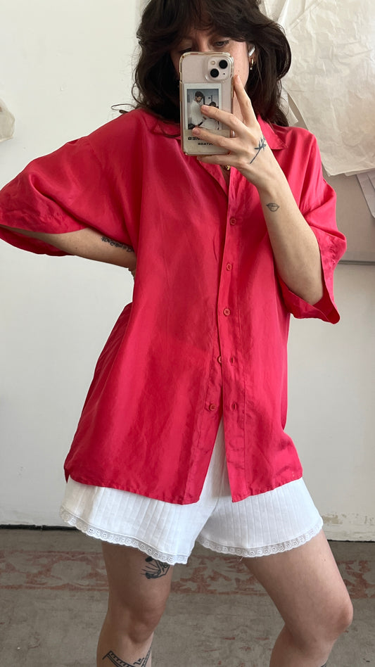 Pink Short-Sleeve Silk Blouse