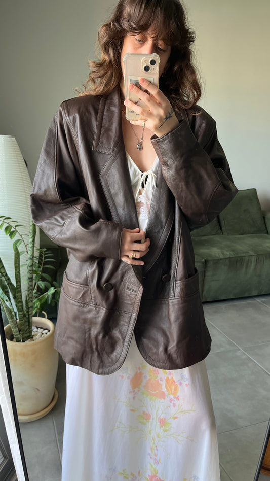 Chocolate Brown Leather Coat 80s