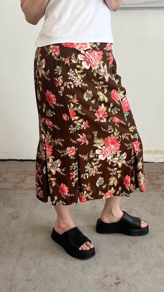 Brown Floral Midi Skirt