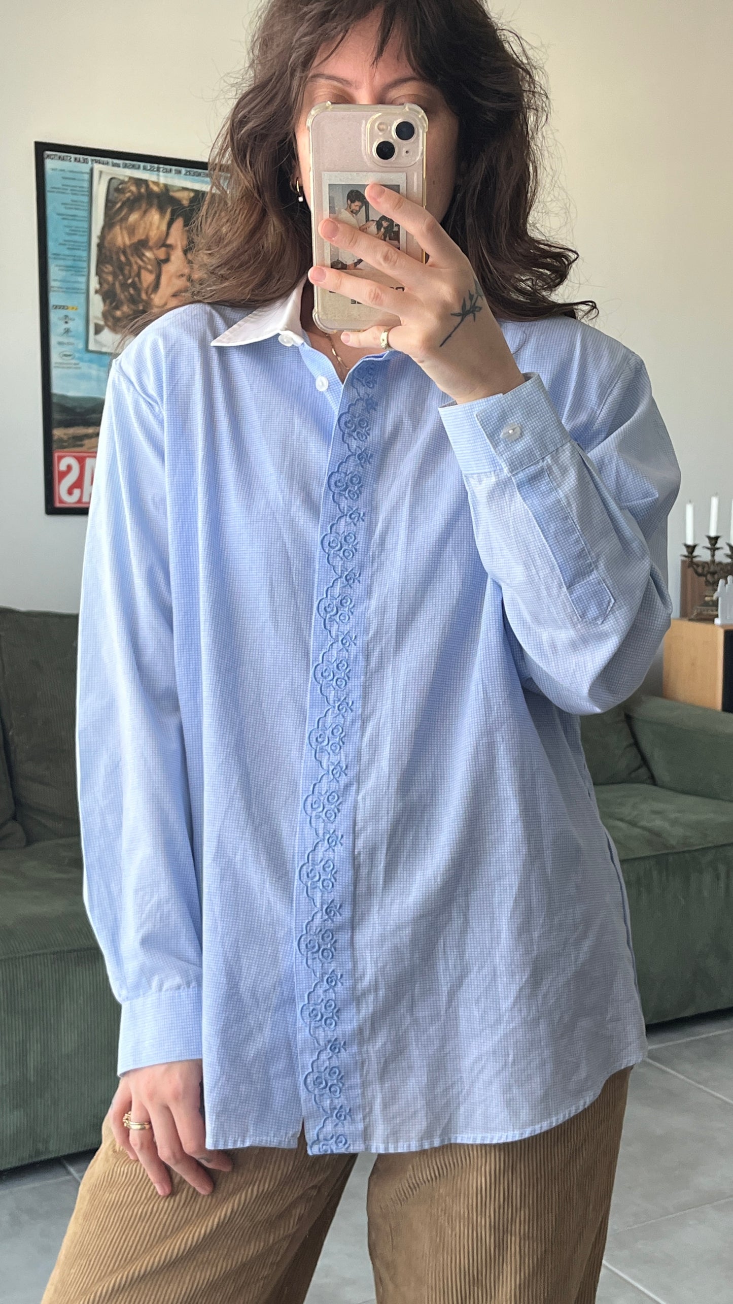 Embroidered Plaid Button-Up Shirt