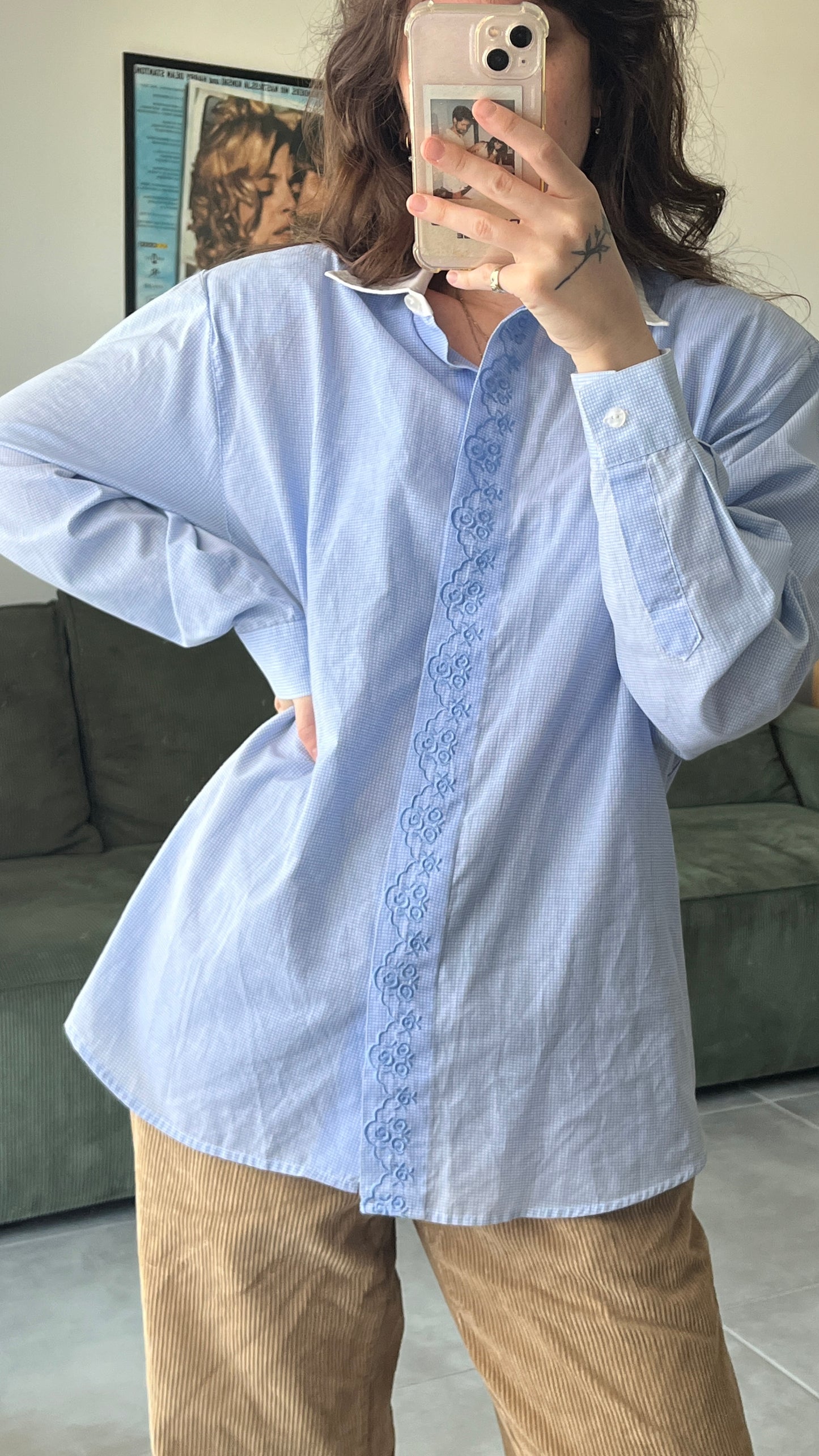 Embroidered Plaid Button-Up Shirt