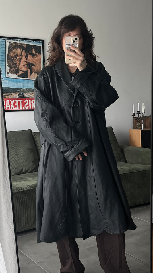 Embroidered Maxi Leather Coat - Artisan Piece
