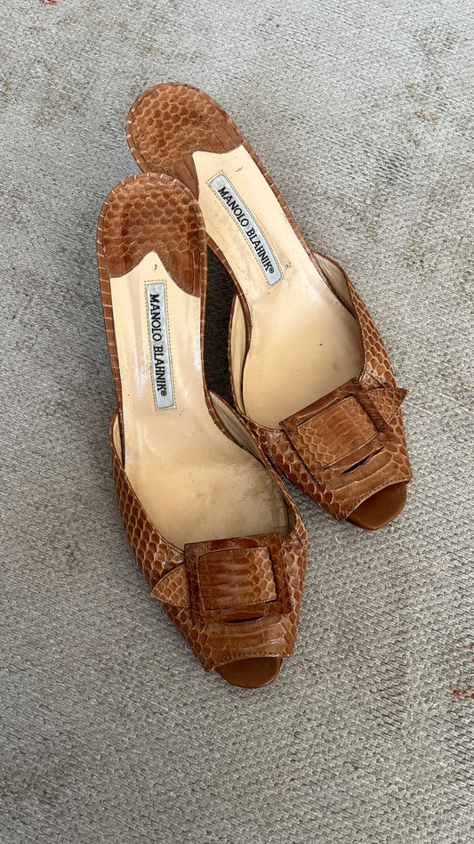 Manolo Blahnik Snake Leather Heeled Mules
