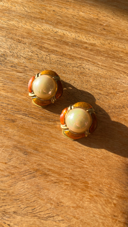 Orange and Pearl Clip-On Earrings