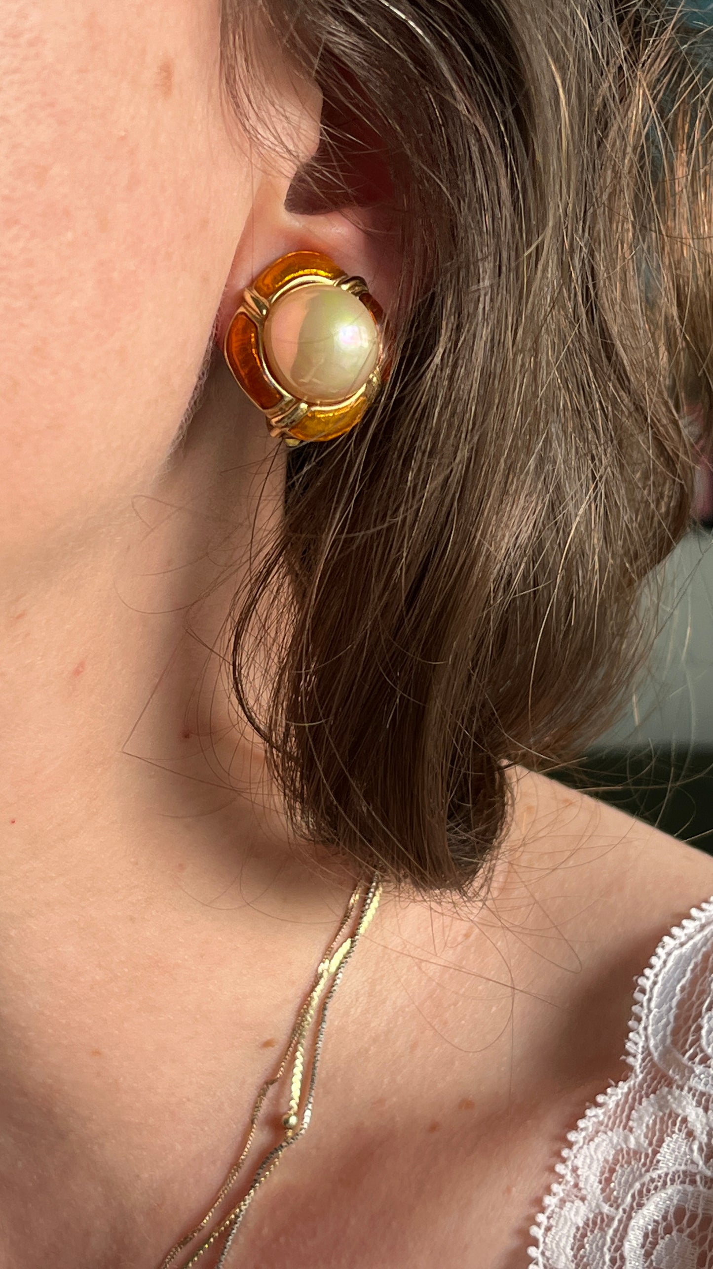 Orange and Pearl Clip-On Earrings