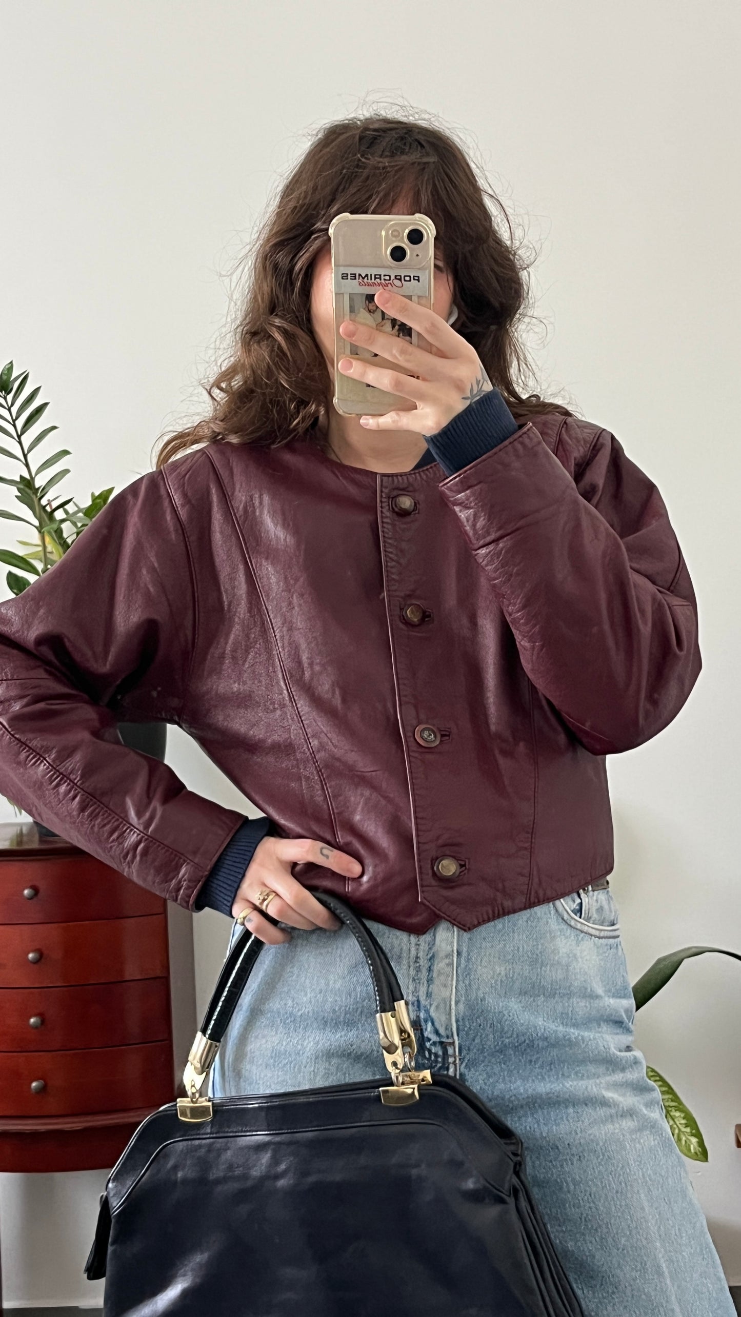 Burgundy Cropped Leather Jacket