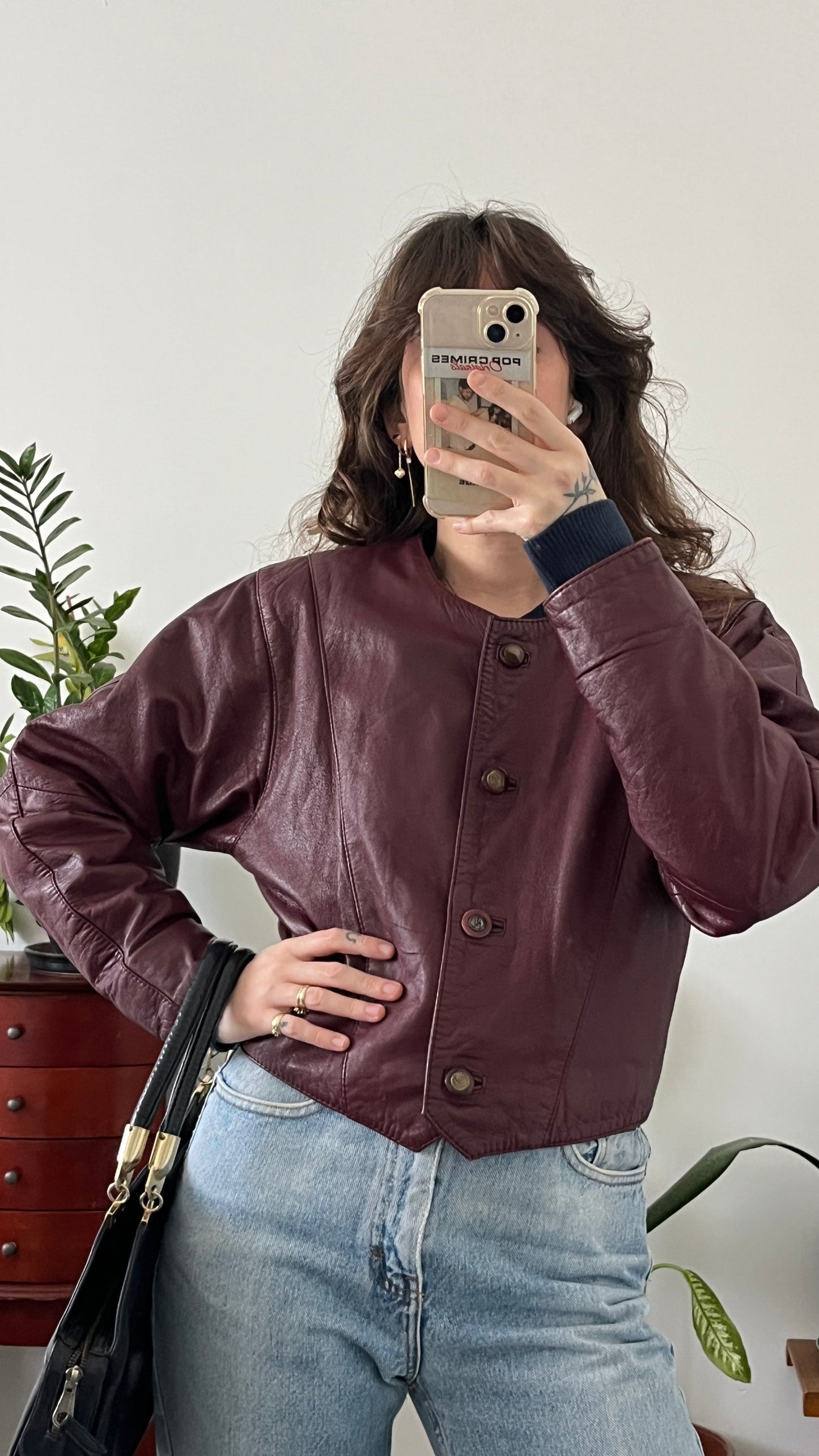 Burgundy Cropped Leather Jacket