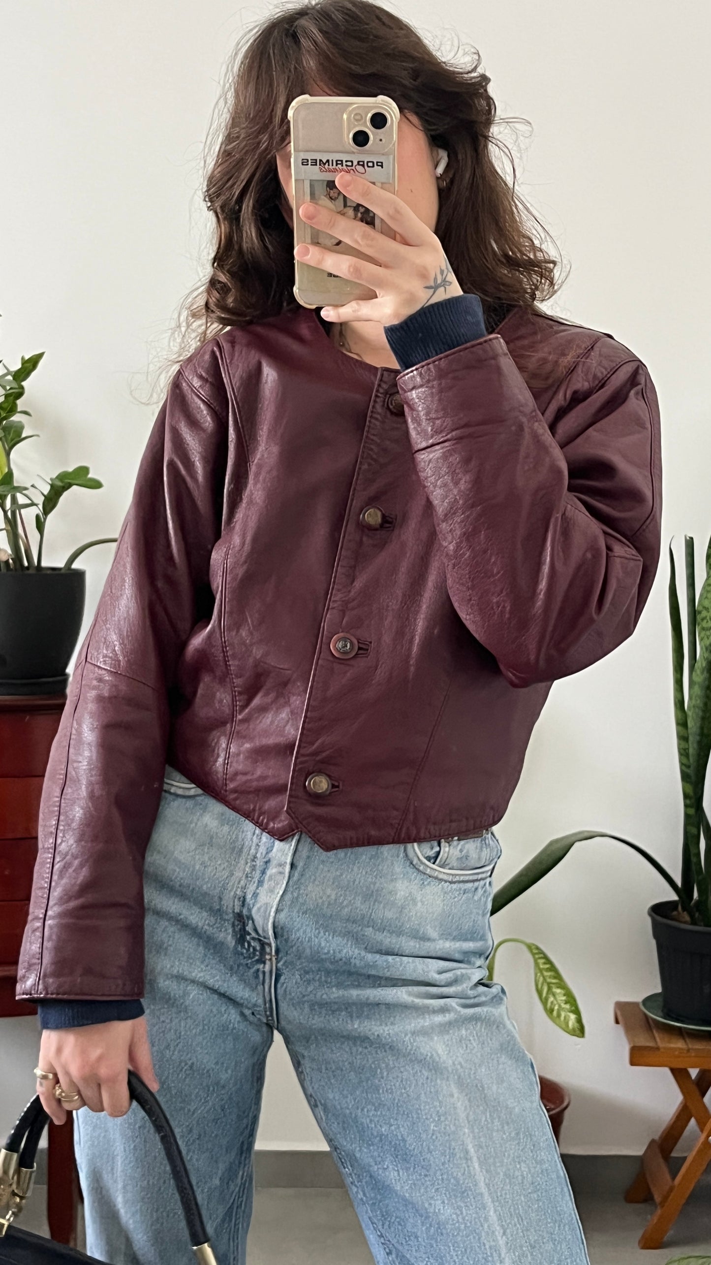 Burgundy Cropped Leather Jacket