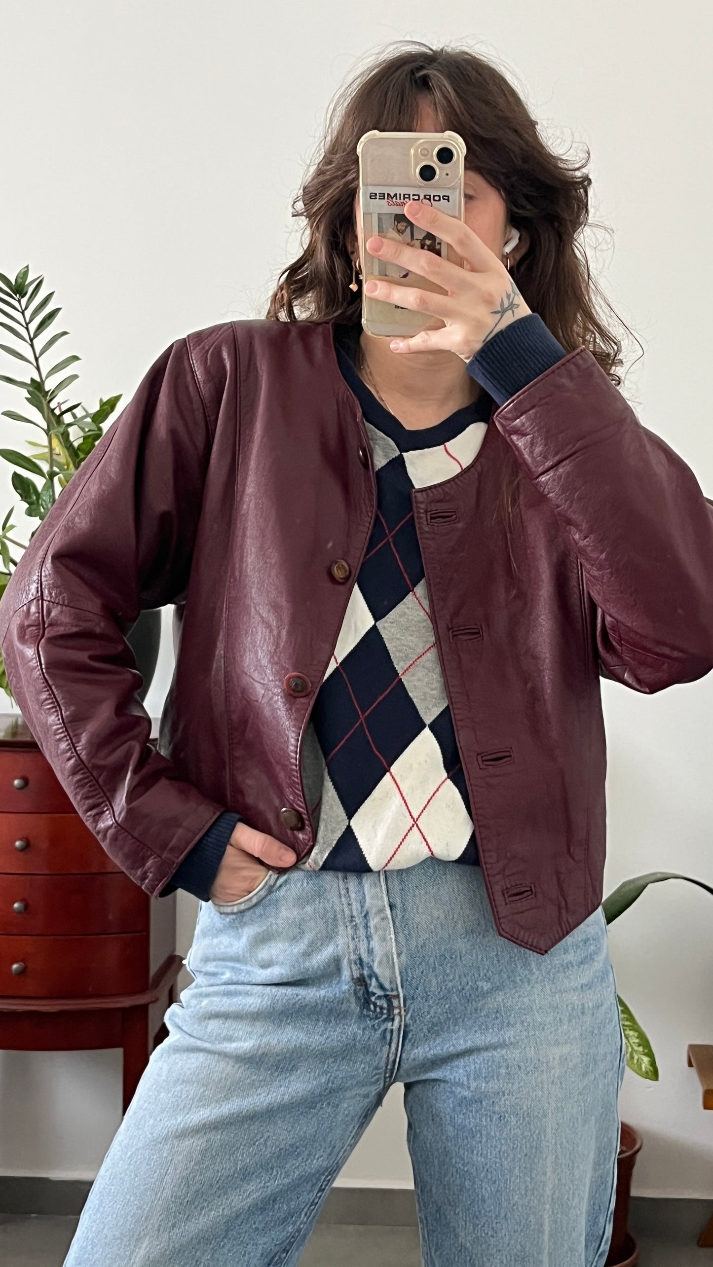 Burgundy Cropped Leather Jacket