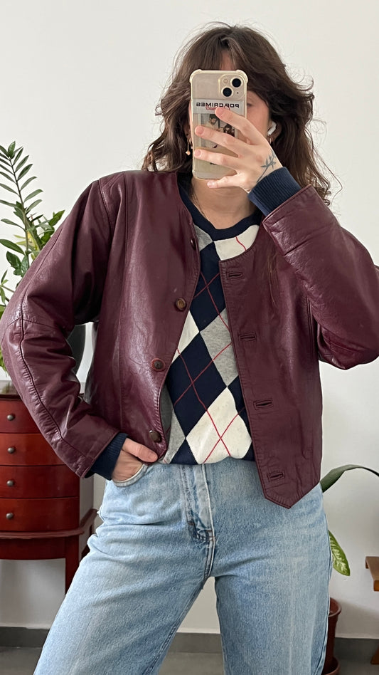Burgundy Cropped Leather Jacket