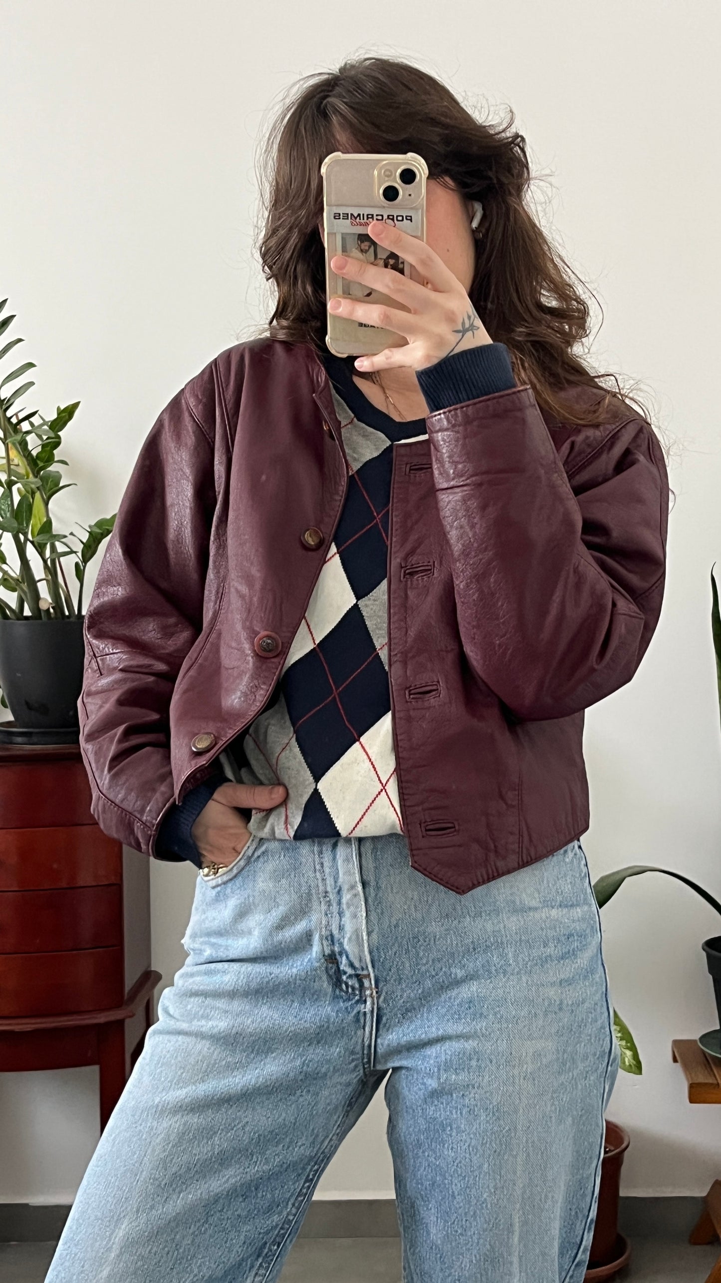 Burgundy Cropped Leather Jacket