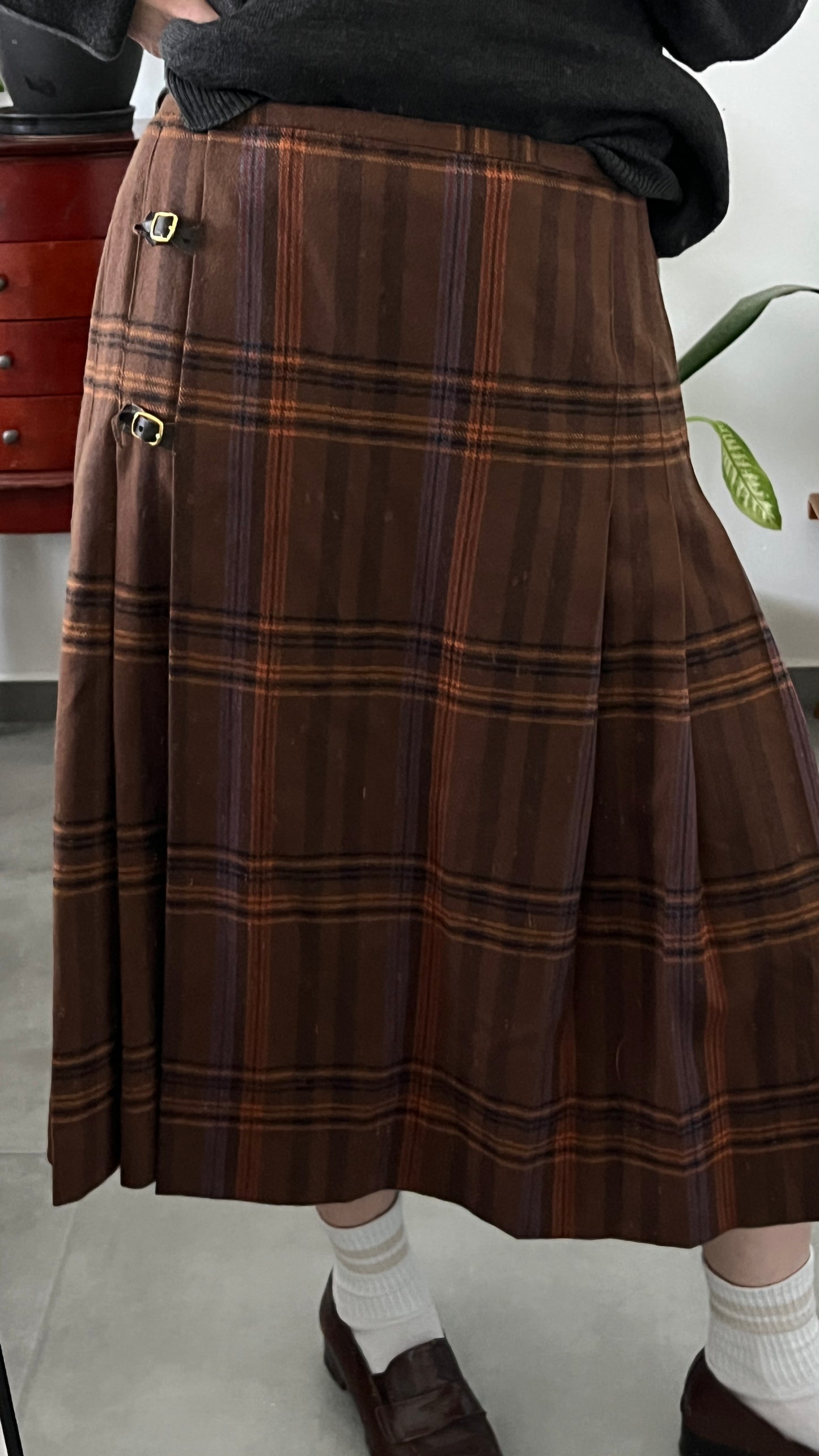 Brown Pleated Checkered Skirt