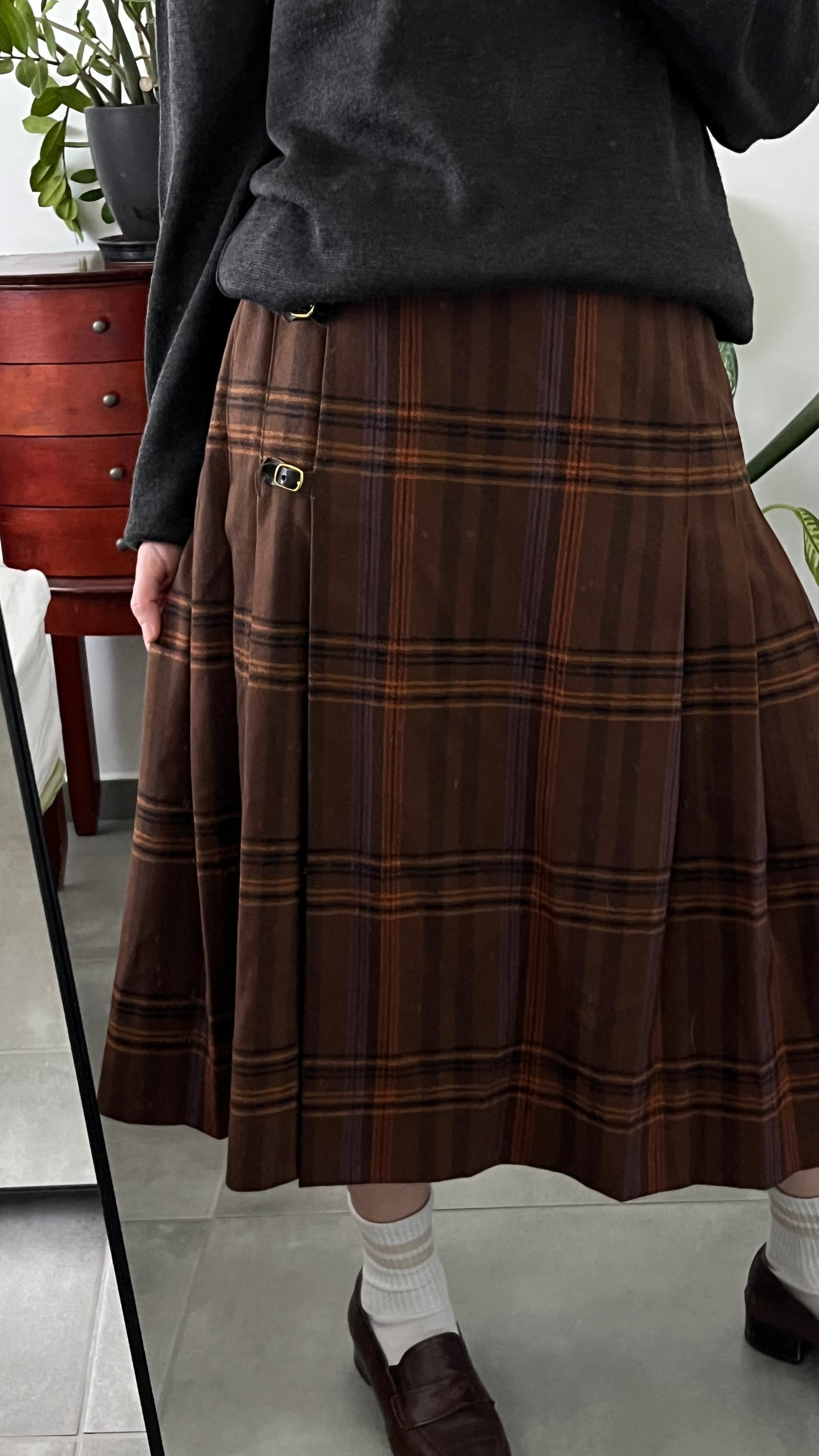 Brown Pleated Checkered Skirt
