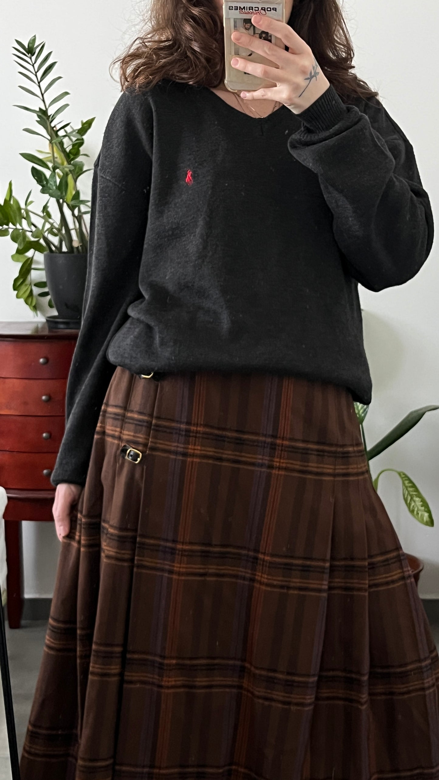 Brown Pleated Checkered Skirt