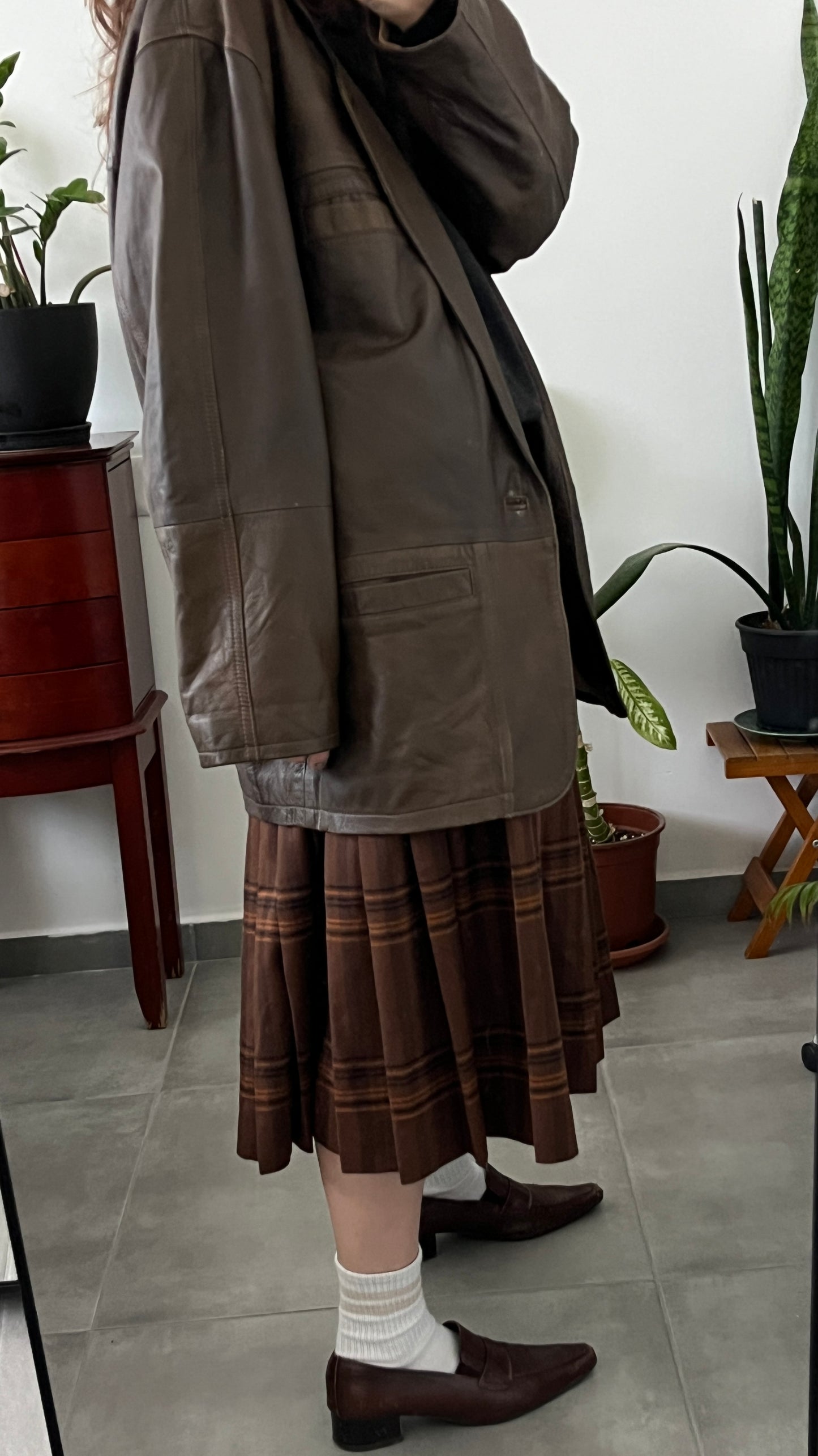 Brown Pleated Checkered Skirt
