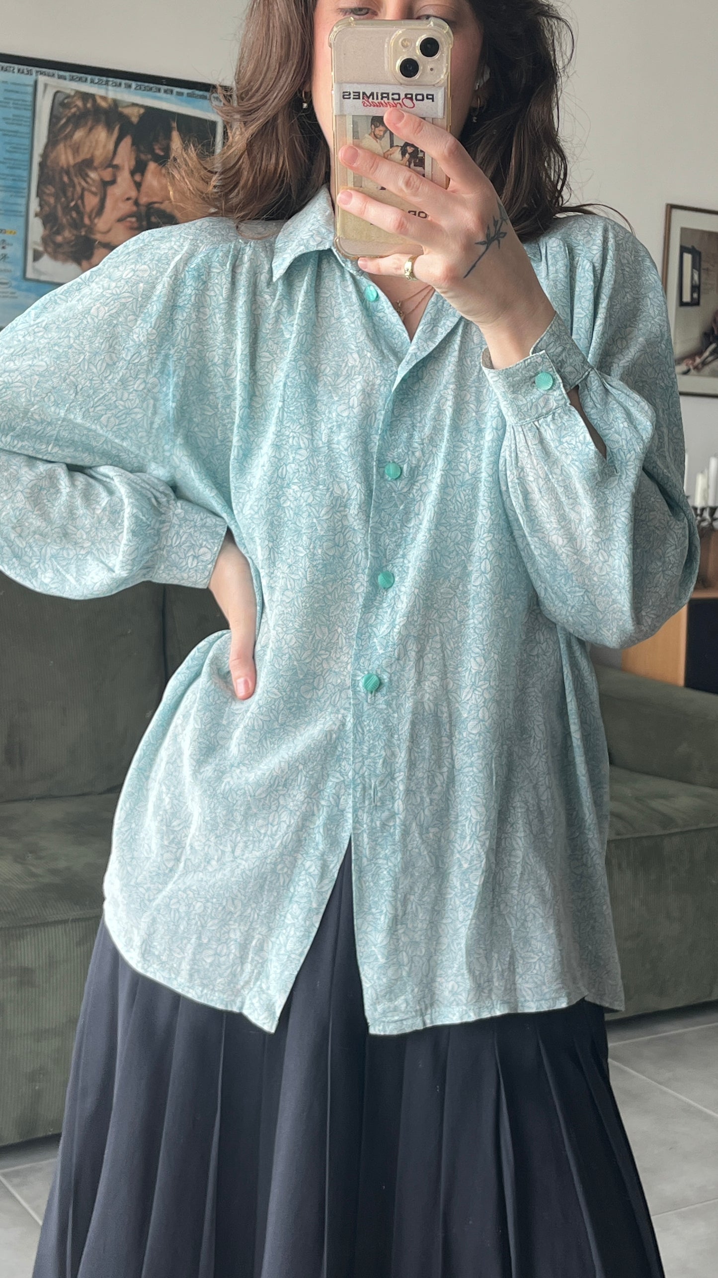 Thin Light Blue Button-Down with Leaf Print