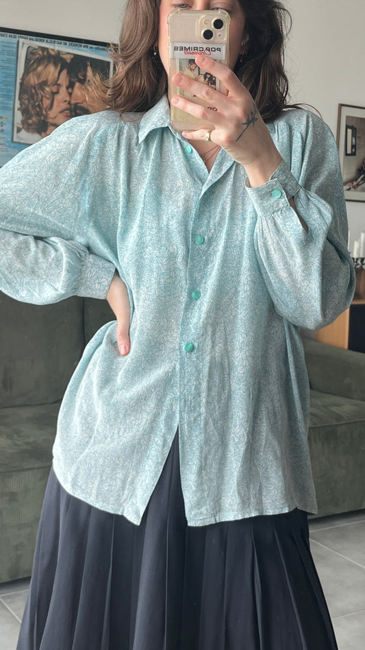 Thin Light Blue Button-Down with Leaf Print