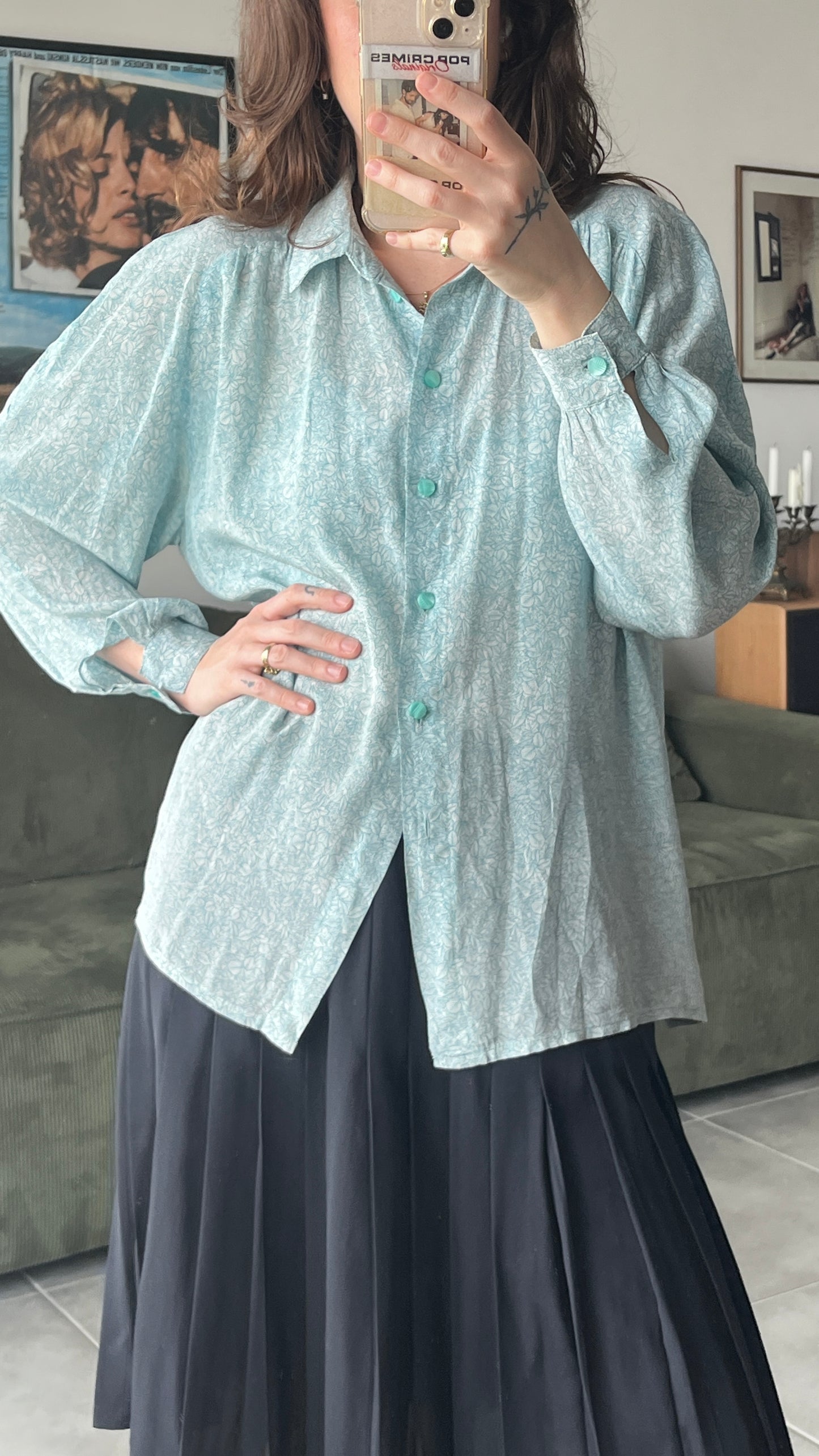 Thin Light Blue Button-Down with Leaf Print