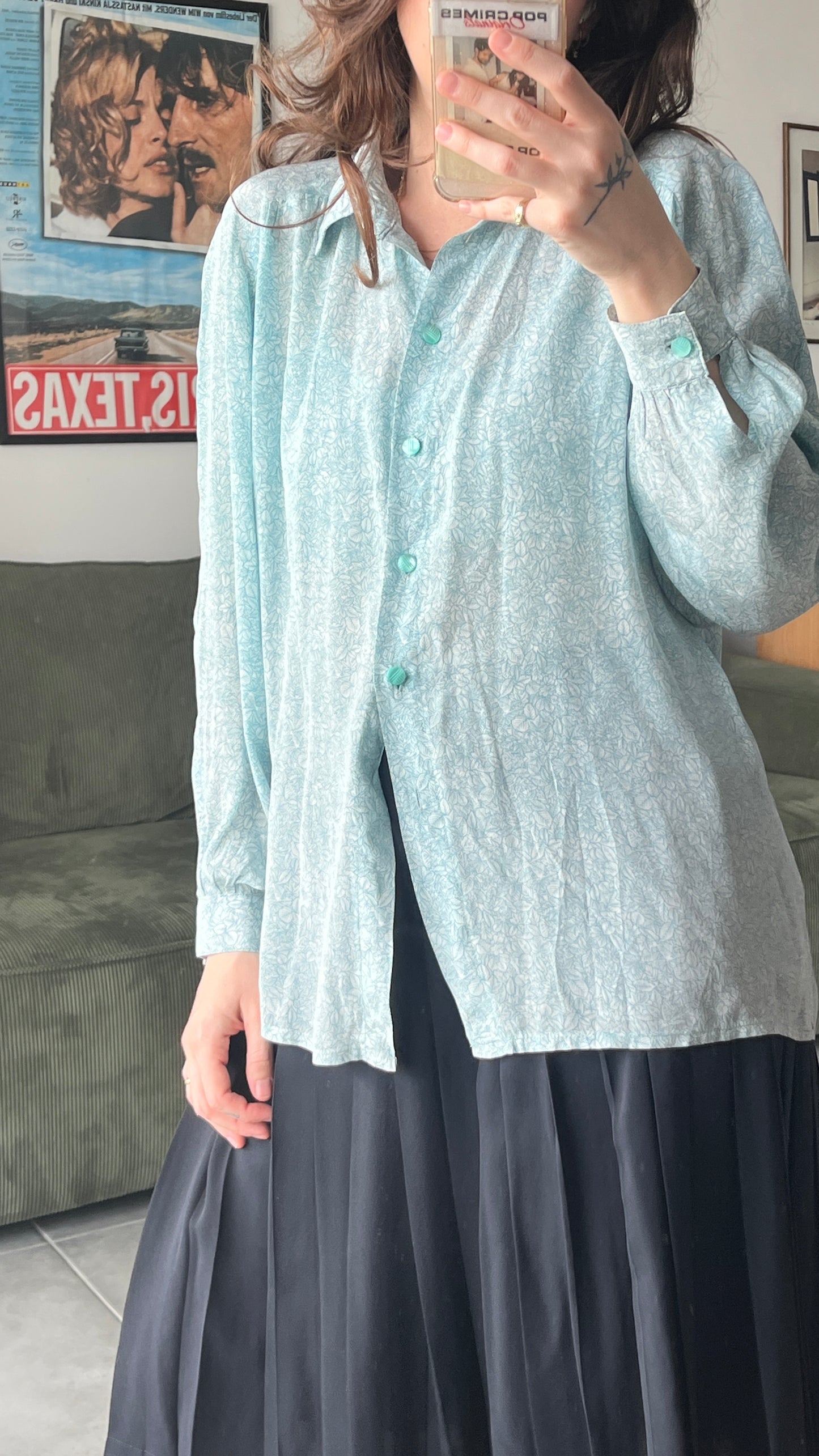 Thin Light Blue Button-Down with Leaf Print