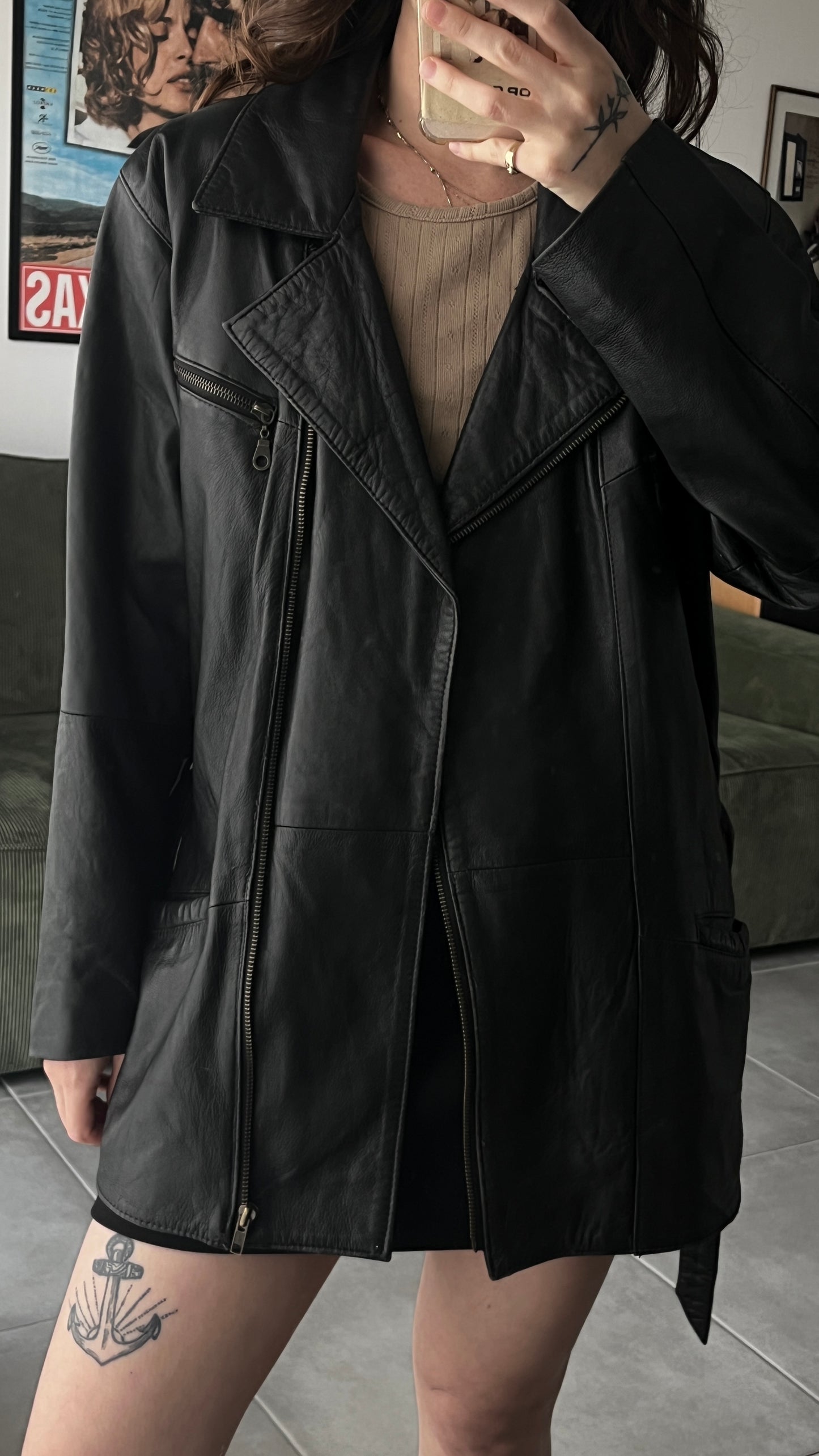 Black Leather Coat with Belt