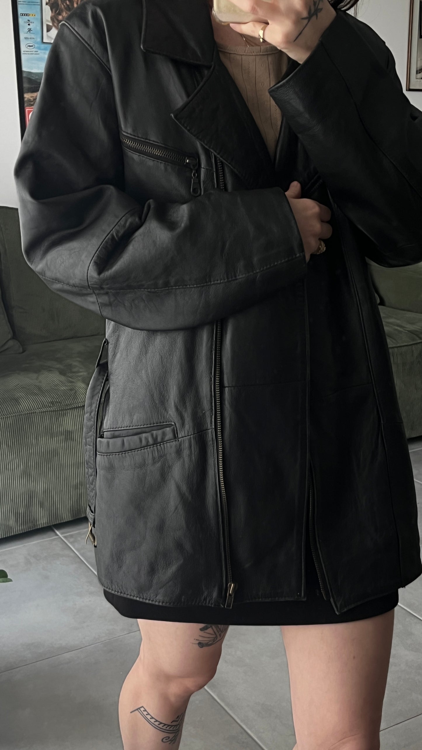 Black Leather Coat with Belt