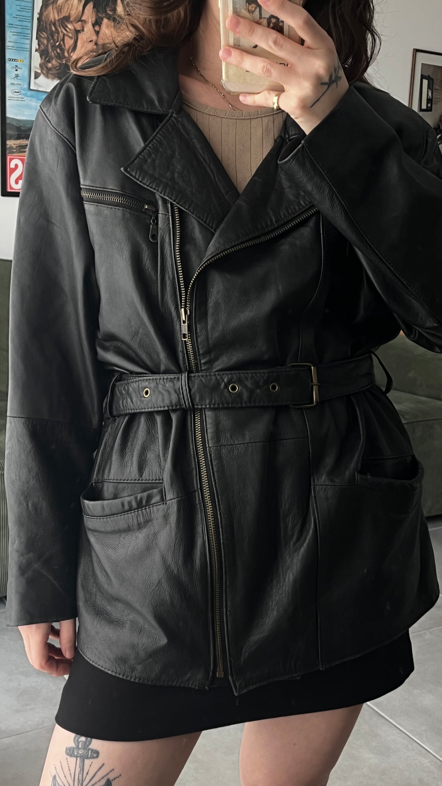 Black Leather Coat with Belt