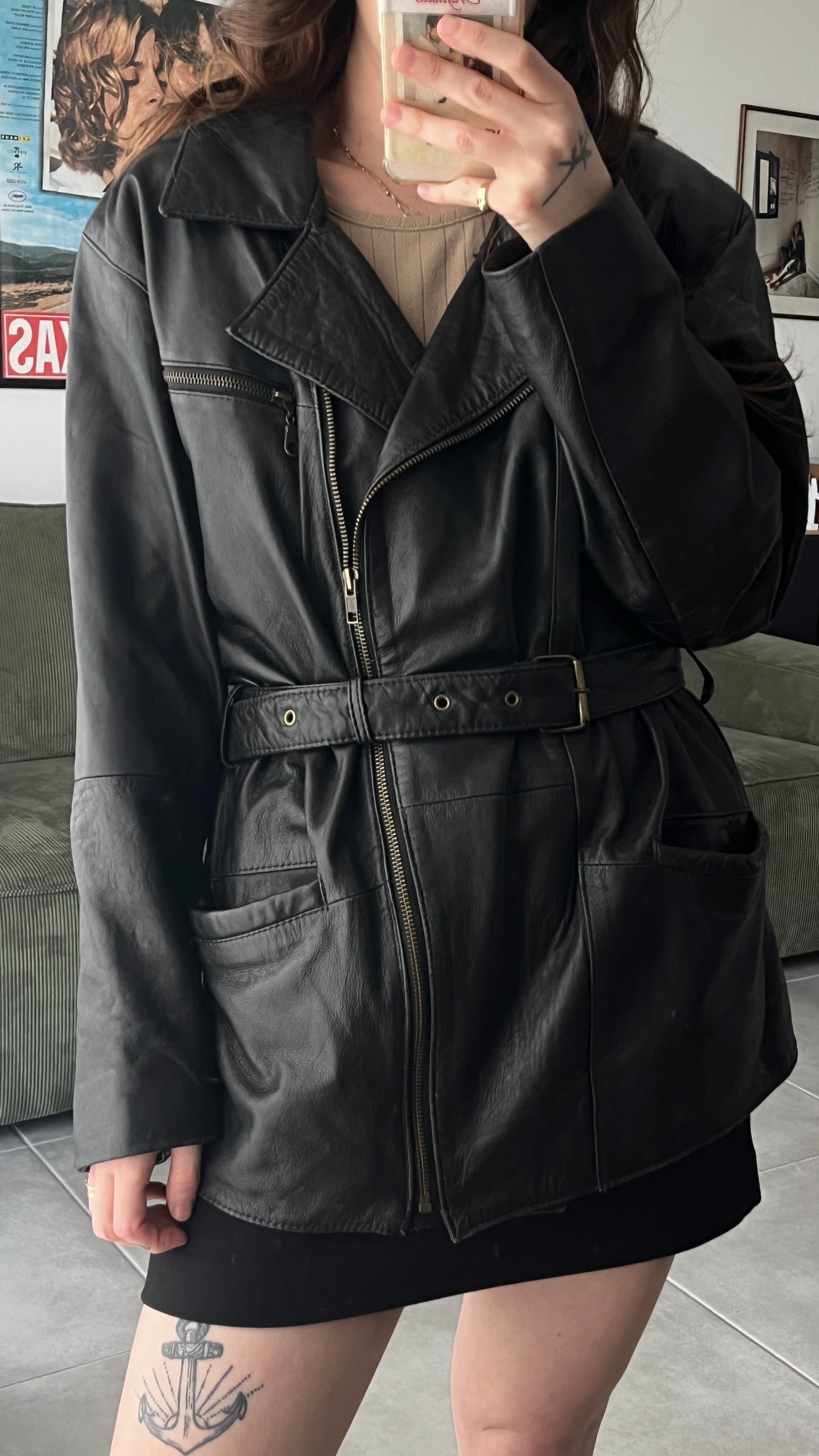 Black Leather Coat with Belt