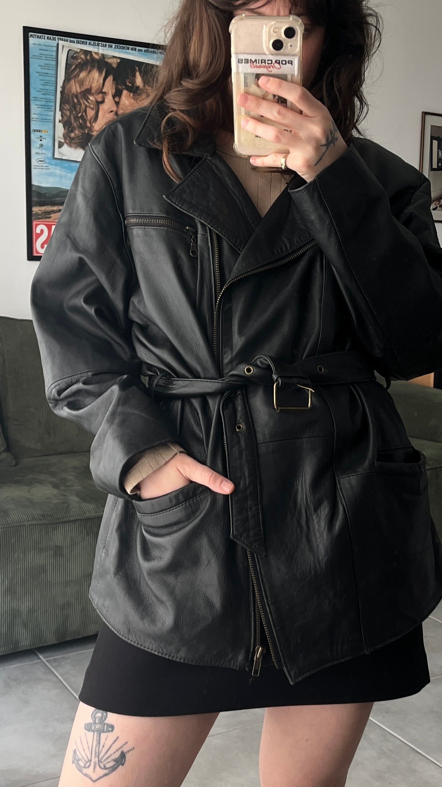 Black Leather Coat with Belt