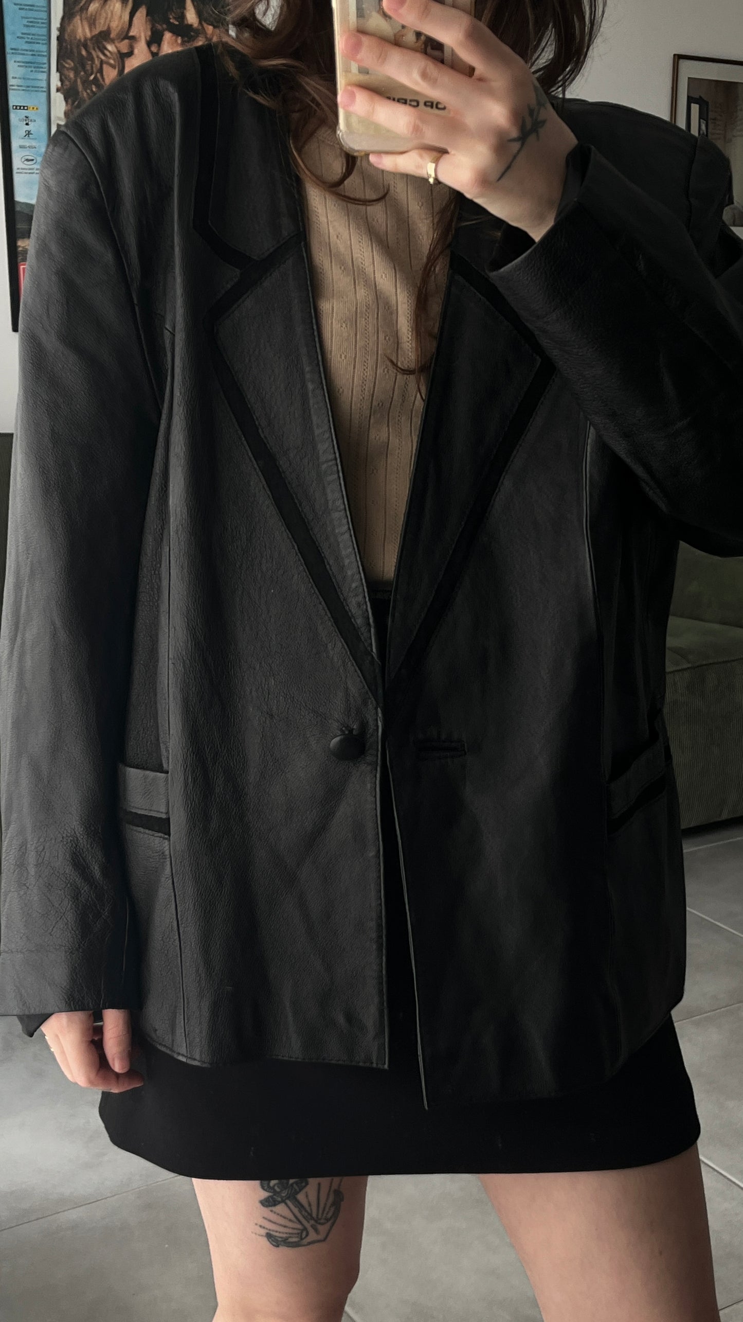 Thin Leather Coat with Suede Collar Detail