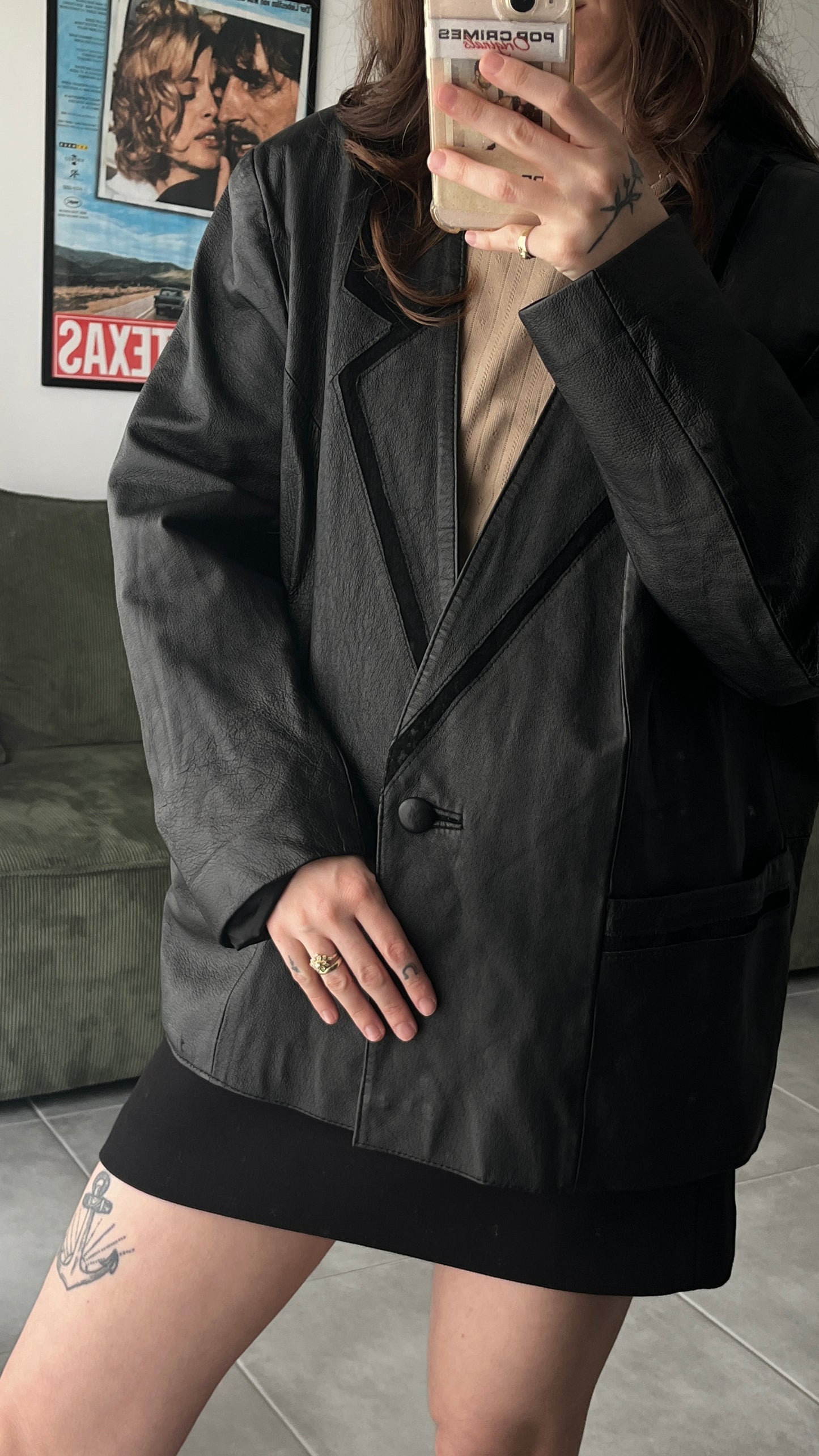 Thin Leather Coat with Suede Collar Detail