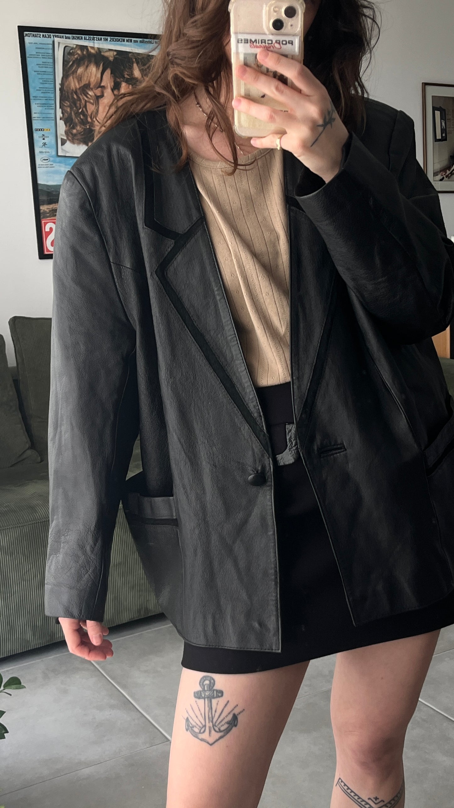 Thin Leather Coat with Suede Collar Detail