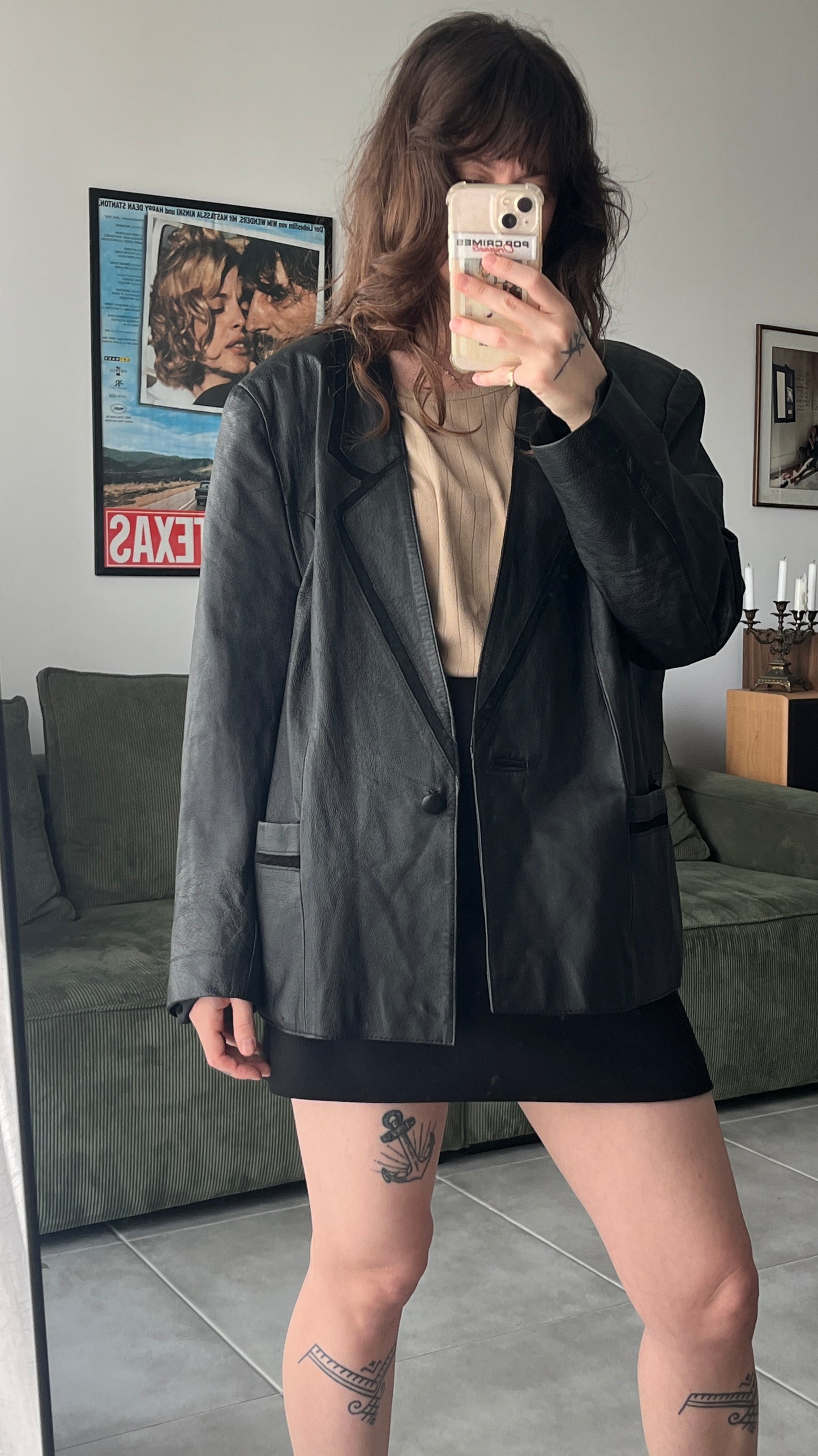 Thin Leather Coat with Suede Collar Detail