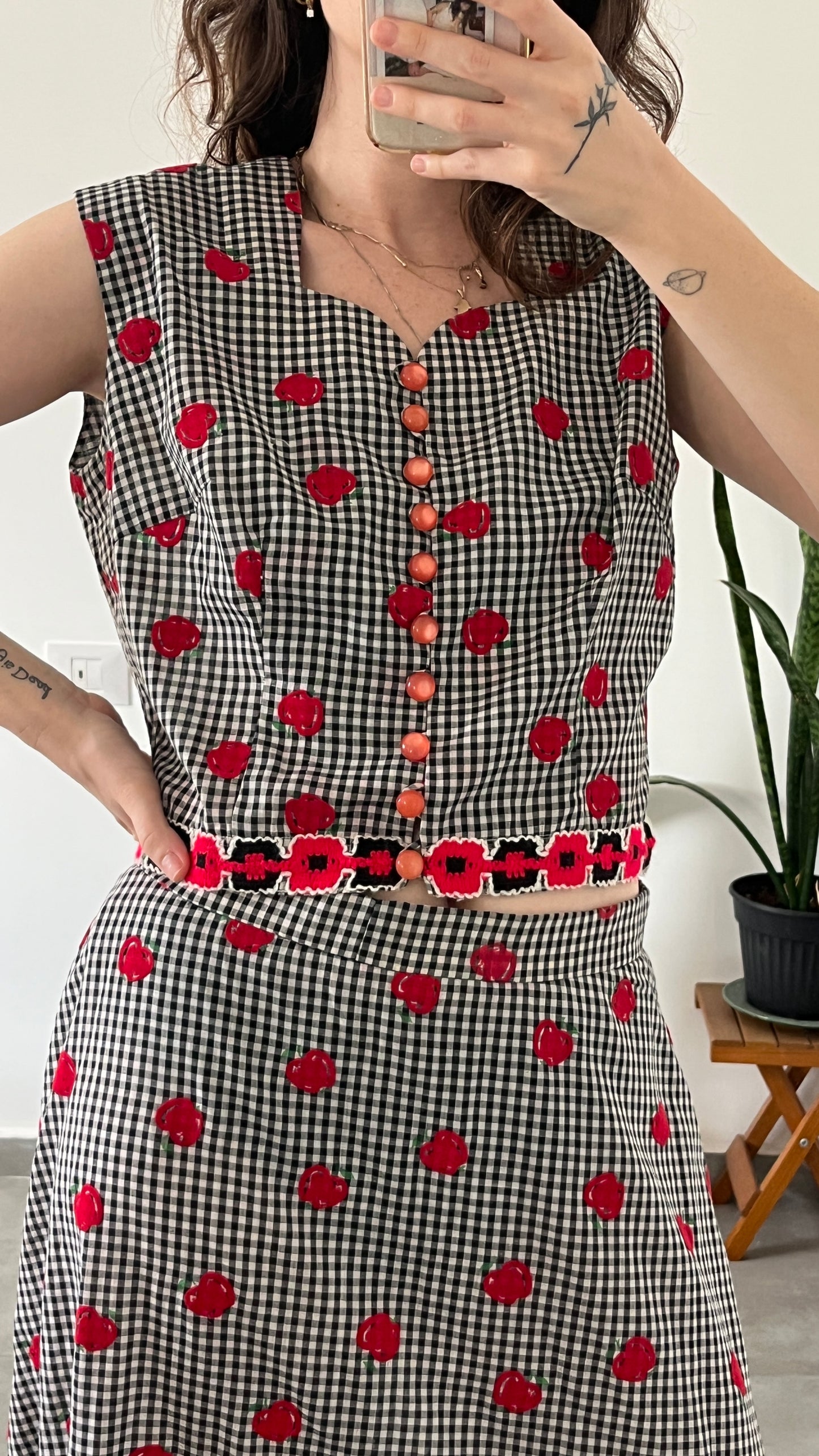 70s Skirt Suit Plaid and Apple Print